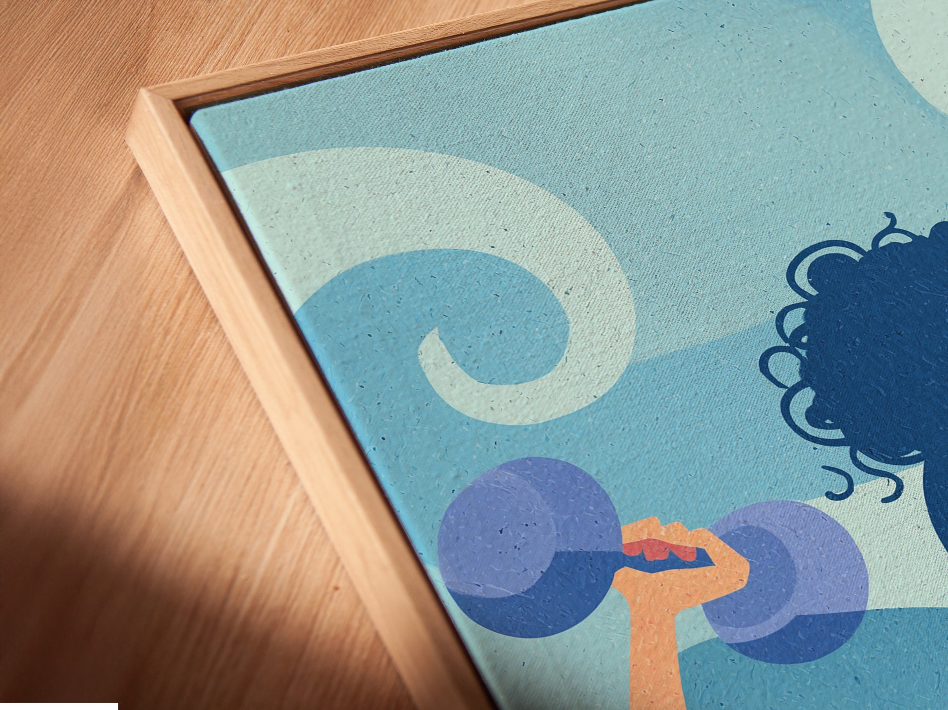 Angled close up shows a canvas print in a floating frame. The fitness woman artwork is featured. It is motivational gym wall art. The workout illustration enhances home gym decor. This artwork embodies strength training.