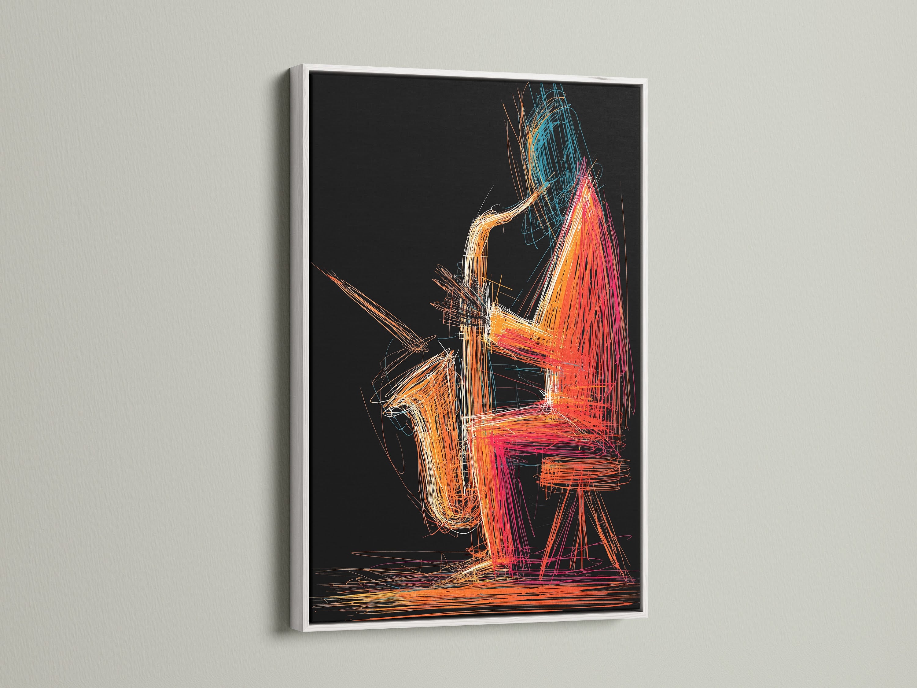 The Jazz Saxophone Art Print is displayed in a sleek white frame. This music canvas art adds a modern touch to any room. The vibrant orange and blue colors make it a focal point. Perfect for music lovers and studio owners.