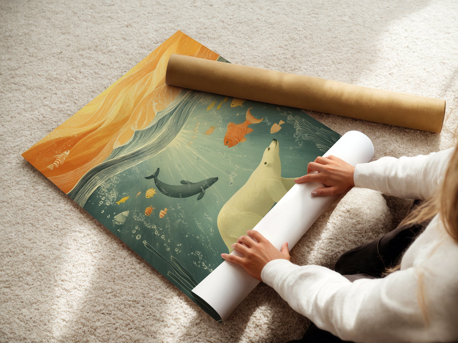 A woman rolls a fine art poster paper featuring an ocean wildlife scene. The artwork includes a polar bear underwater surrounded by fish. This marine life decor is perfect for kids rooms and nurseries. Add a coastal touch to your home with this whimsical art.