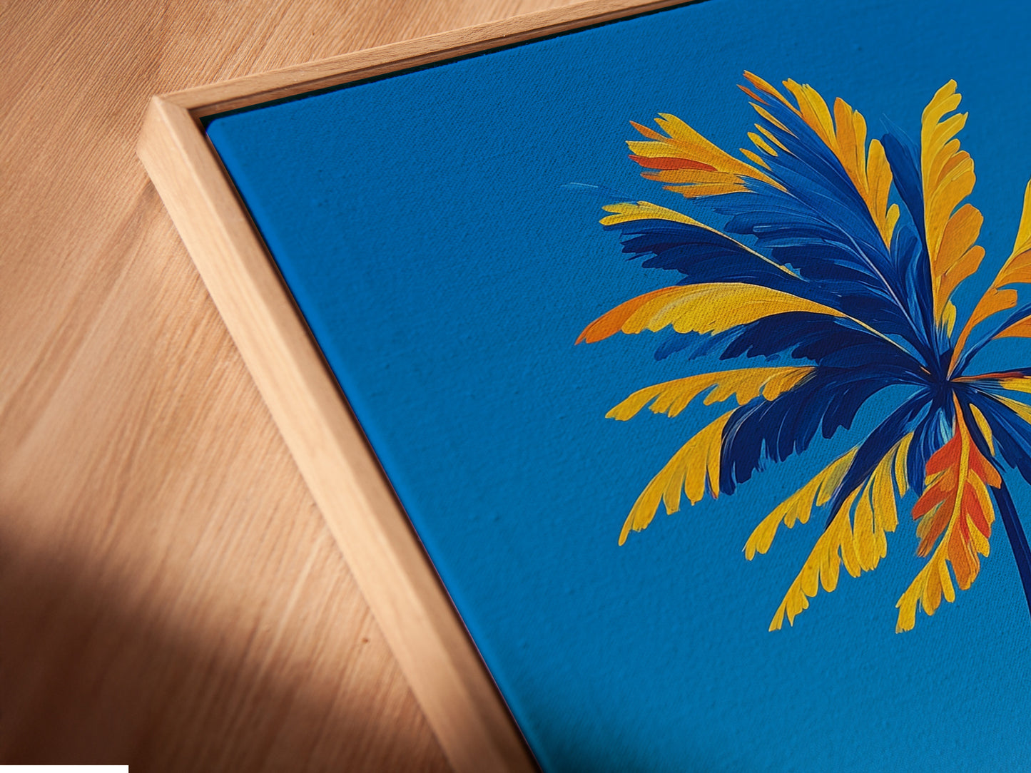 Close-up of a canvas print in a floating frame. This artwork features a Palm Tree Beach. It is perfect for tropical coastal decor. The floating frame gives a modern touch. Enhance your living space with this ocean wave artwork.
