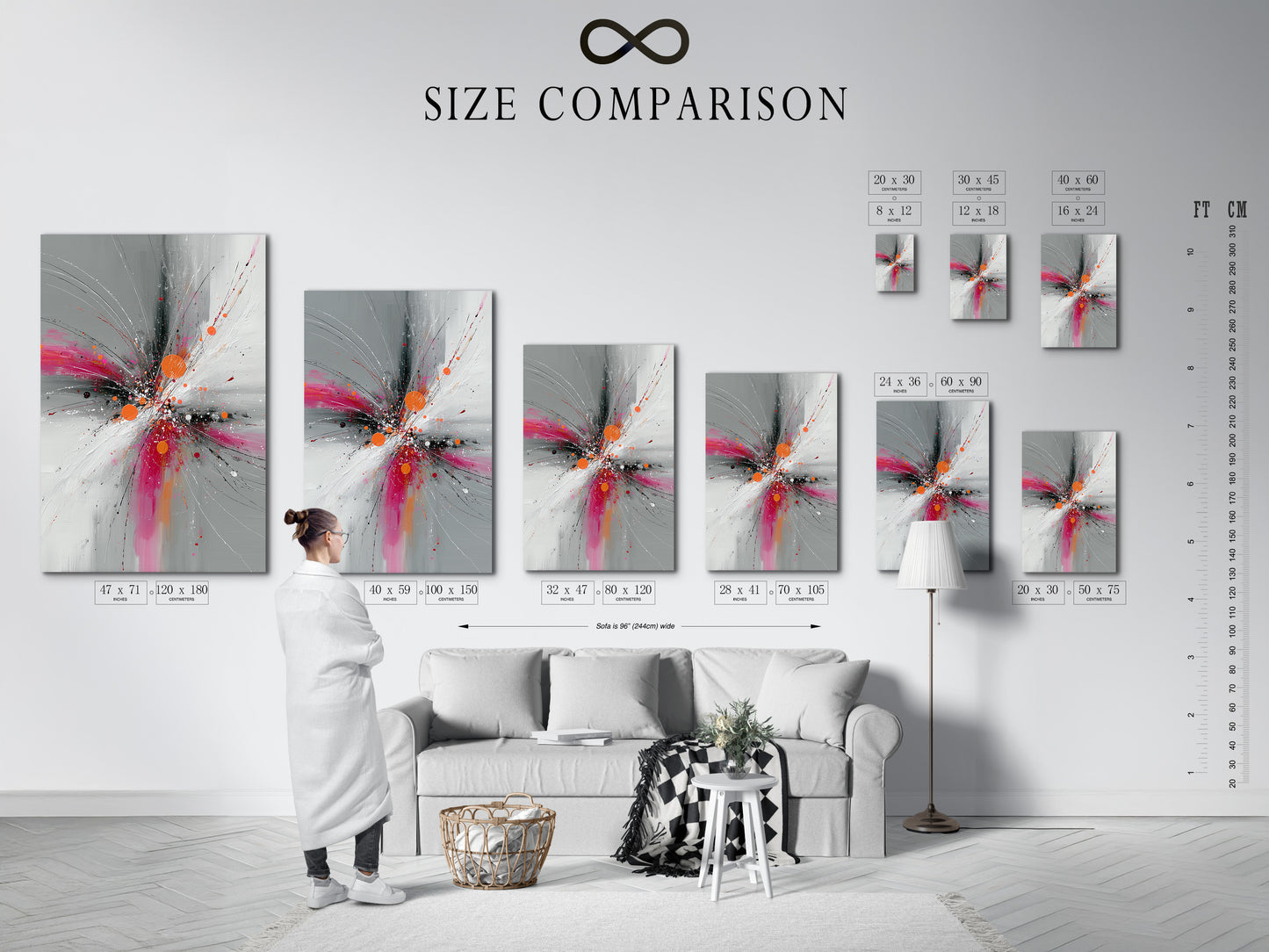 Size comparison chart displayed in an interior setting featuring Abstract Burst artwork. See how the pink orange and gray explosion print looks in various sizes. Perfect for visualizing how this contemporary artwork fits your space. Choose the ideal size for your living room bedroom or office. Find the perfect fit today.