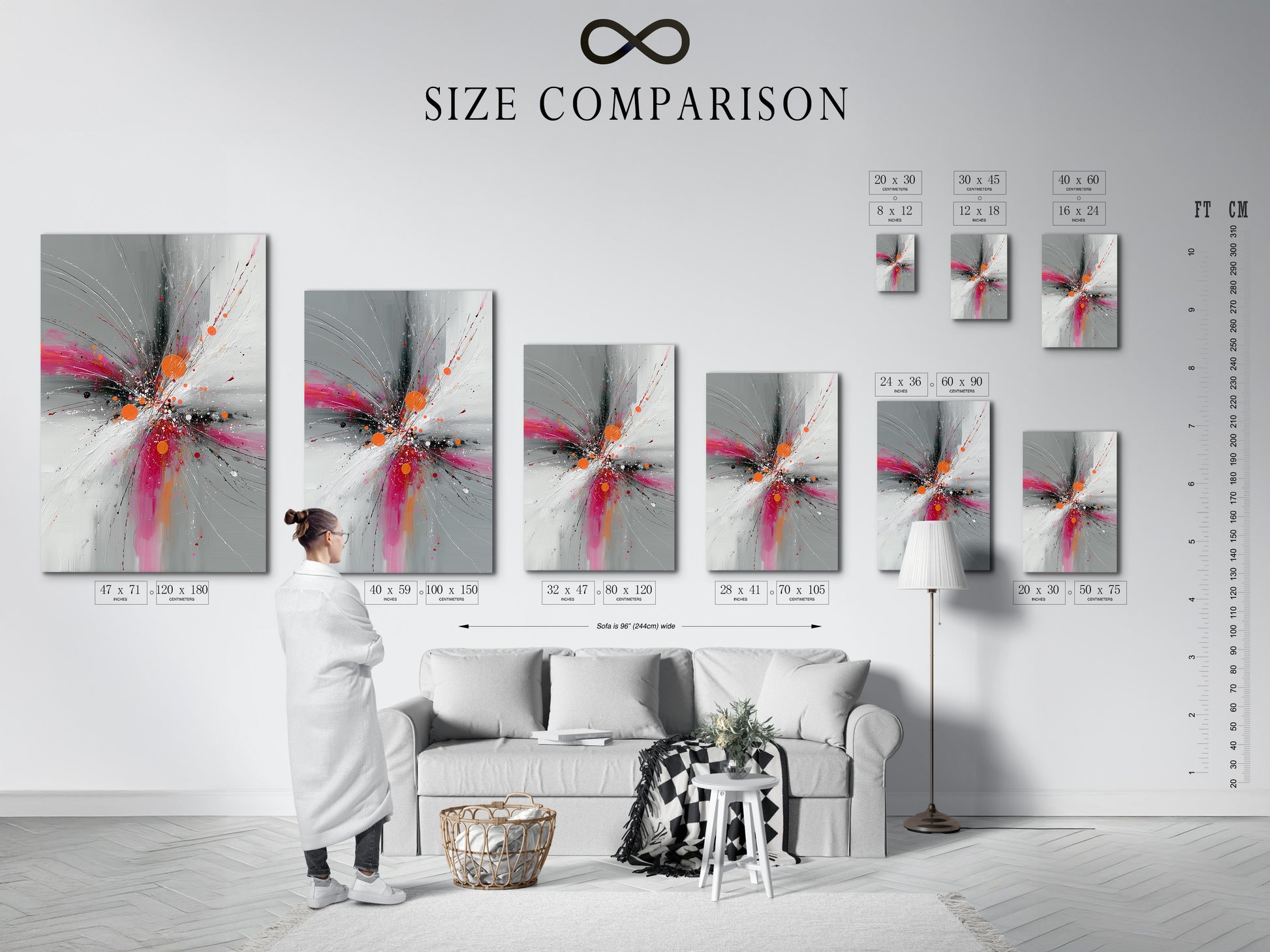Size comparison chart displayed in an interior setting featuring Abstract Burst artwork. See how the pink orange and gray explosion print looks in various sizes. Perfect for visualizing how this contemporary artwork fits your space. Choose the ideal size for your living room bedroom or office. Find the perfect fit today.