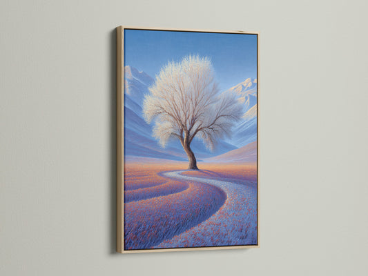 This is an oak frame. It showcases a beautiful artwork. The frame enhances the artwork's natural tones. Oak frames offer a classic touch to any art piece. Perfect for living rooms or offices.