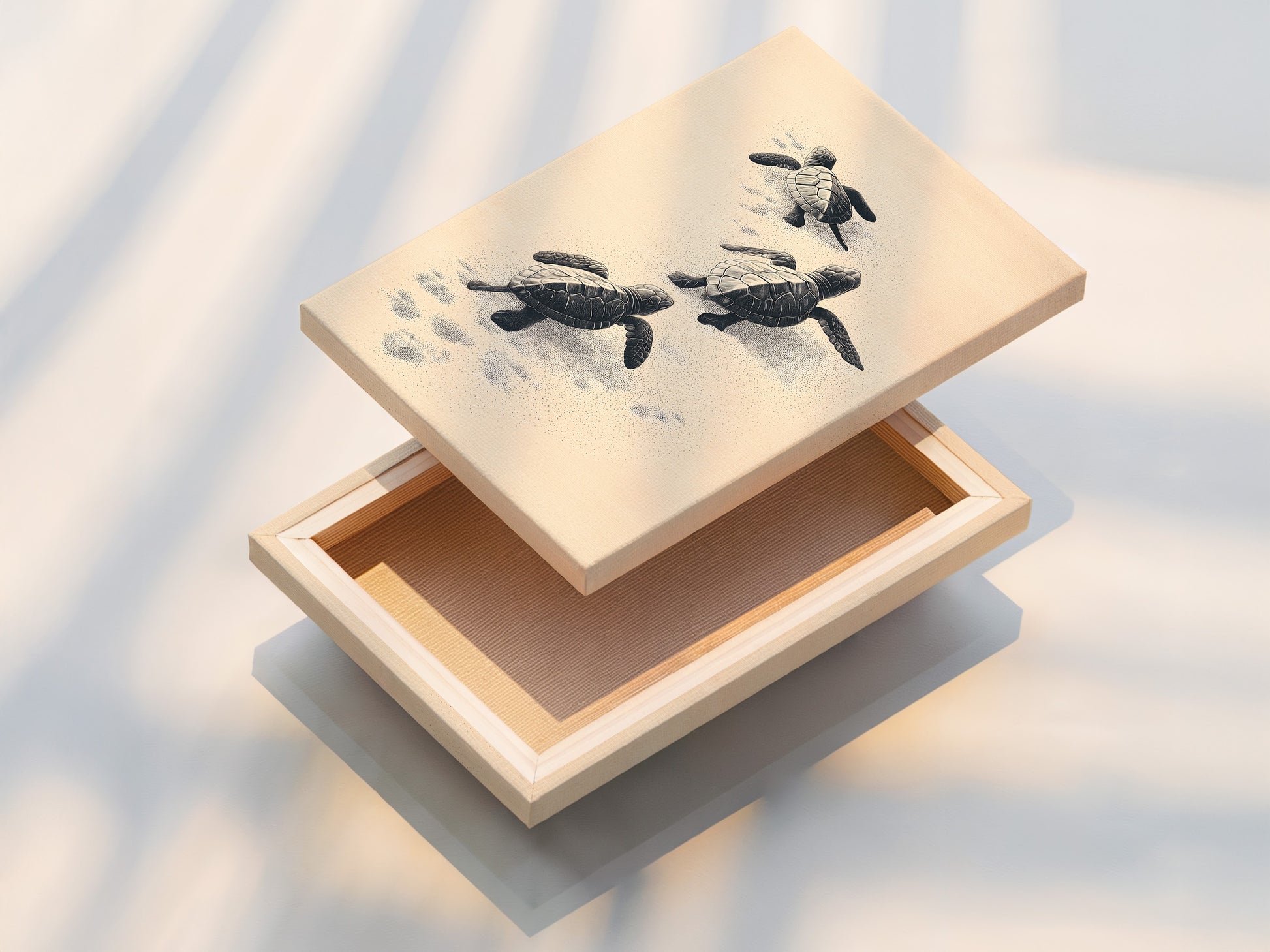 This is a stretched canvas print featuring baby sea turtles. The stretched canvas provides a gallery-ready look. Perfect for adding a touch of the ocean to your home. Ideal for coastal-themed decor.