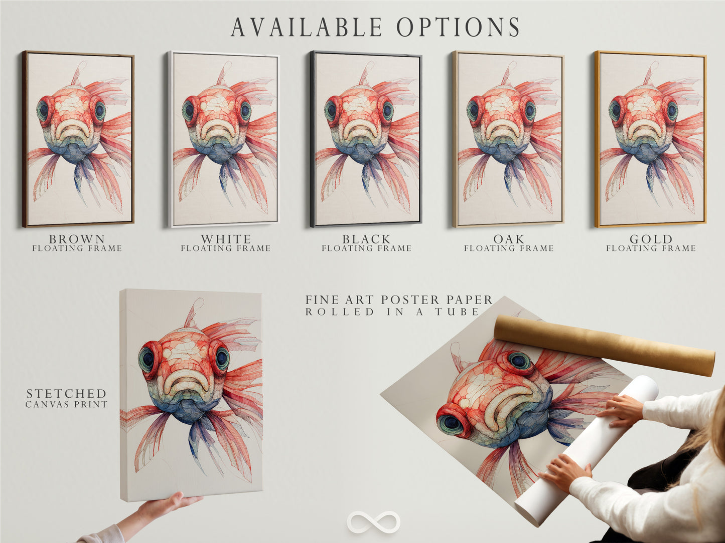 Available options are displayed. These include a stretched canvas print a fine art poster paper and a floating frame. Choose the format that suits your style. Each option offers a unique way to showcase artwork. It enhances your living space.