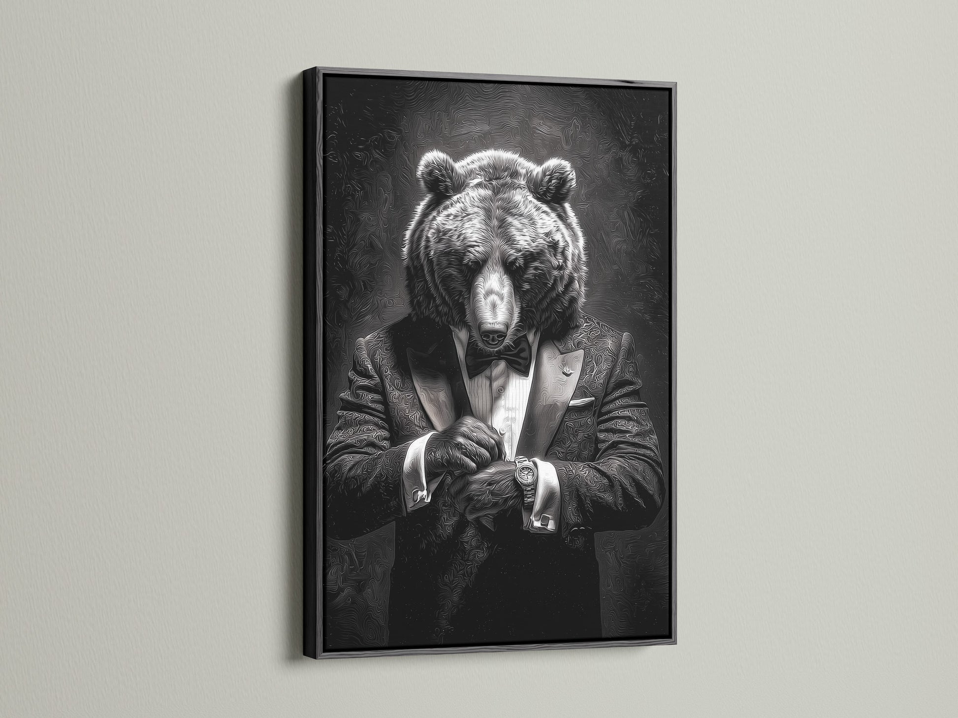 An eye-catching artwork of a bear in a tuxedo is highlighted by a sleek black frame. The artwork stands out against a light-colored wall. A black frame adds a bold and dramatic touch. It makes a statement in any setting. Browse our collection of black framed art for a sophisticated decor choice.