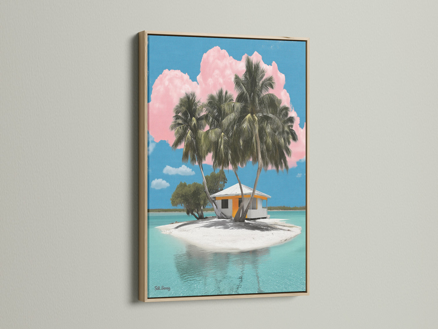 Admire our tropical island artwork presented in an oak frame. This frame enhances the coastal artwork with its natural wood tone. The scene features palm trees a beach house and turquoise waters. Ideal for adding a touch of island paradise to your home.