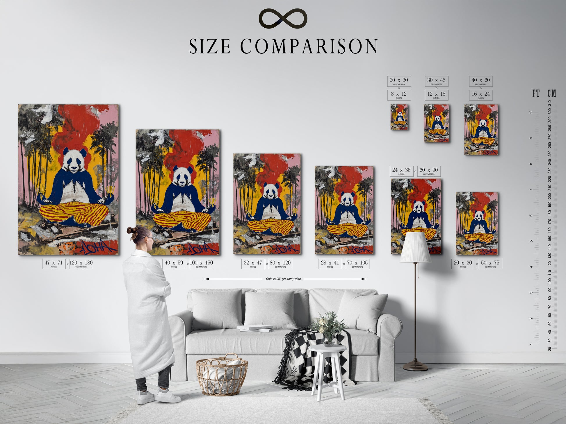 Size comparison chart in an interior setting. See how the Zen Panda Canvas Print fits in different spaces. Find the perfect size for your living room or yoga studio. Choose the best fit for your colorful wall art.
