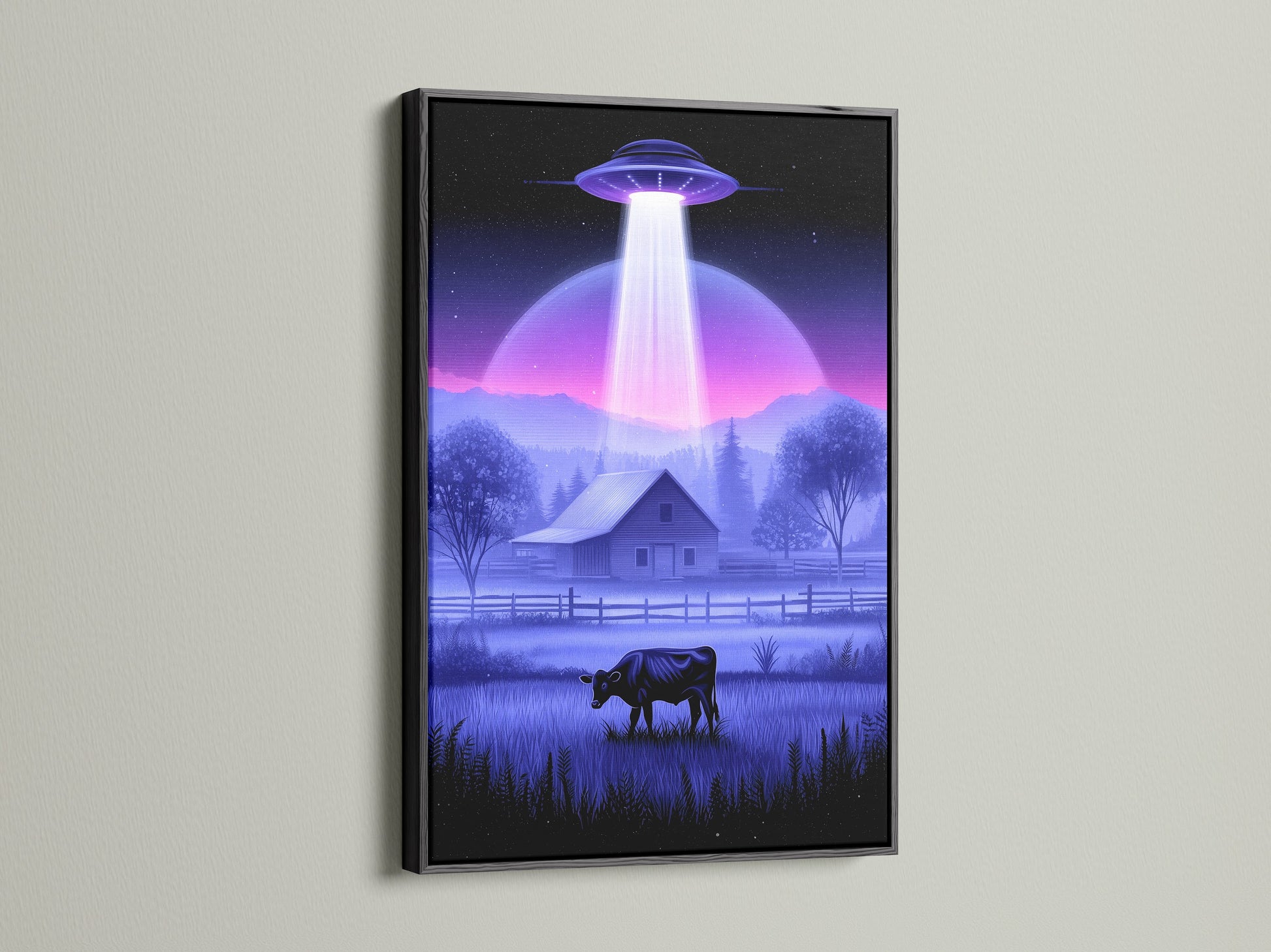 The UFO Abduction artwork is displayed in a black frame. This art piece features a sci-fi landscape with a cow and barn. The black frame adds a bold and modern look. Consider this extraterrestrial art for your office wall. The cosmic print is perfect for any space.