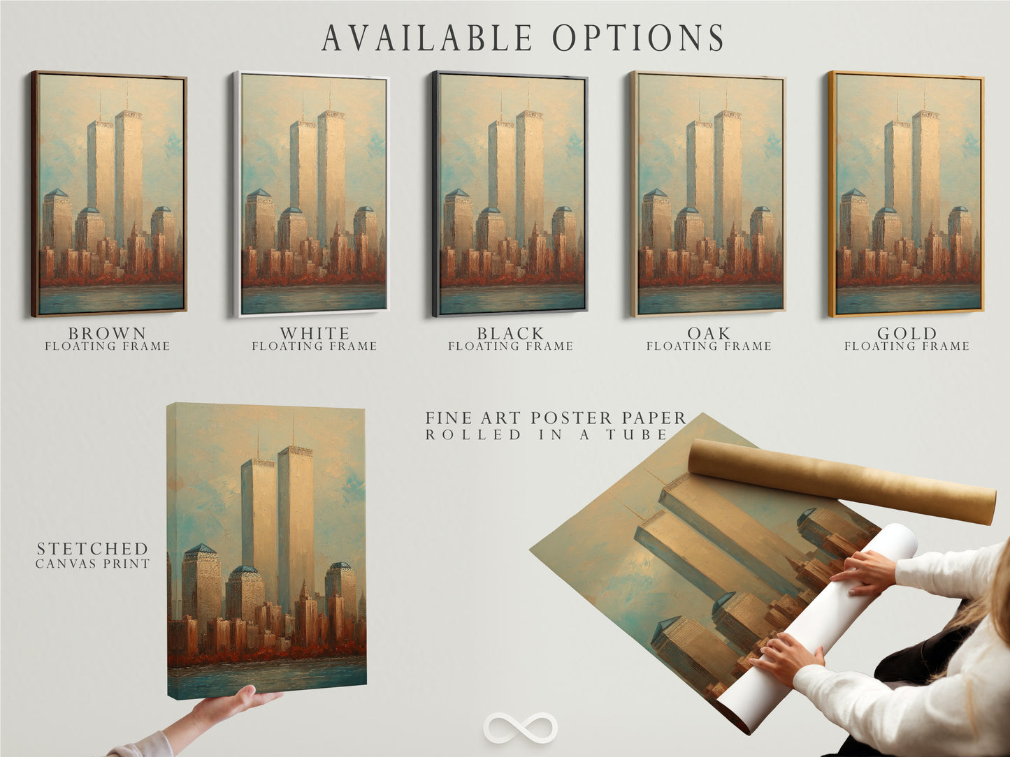 Available options for the NYC Skyline art featuring the Twin Towers. Choose from a stretched canvas print fine art poster paper or floating frame. Customize your vintage Manhattan cityscape to fit your style.