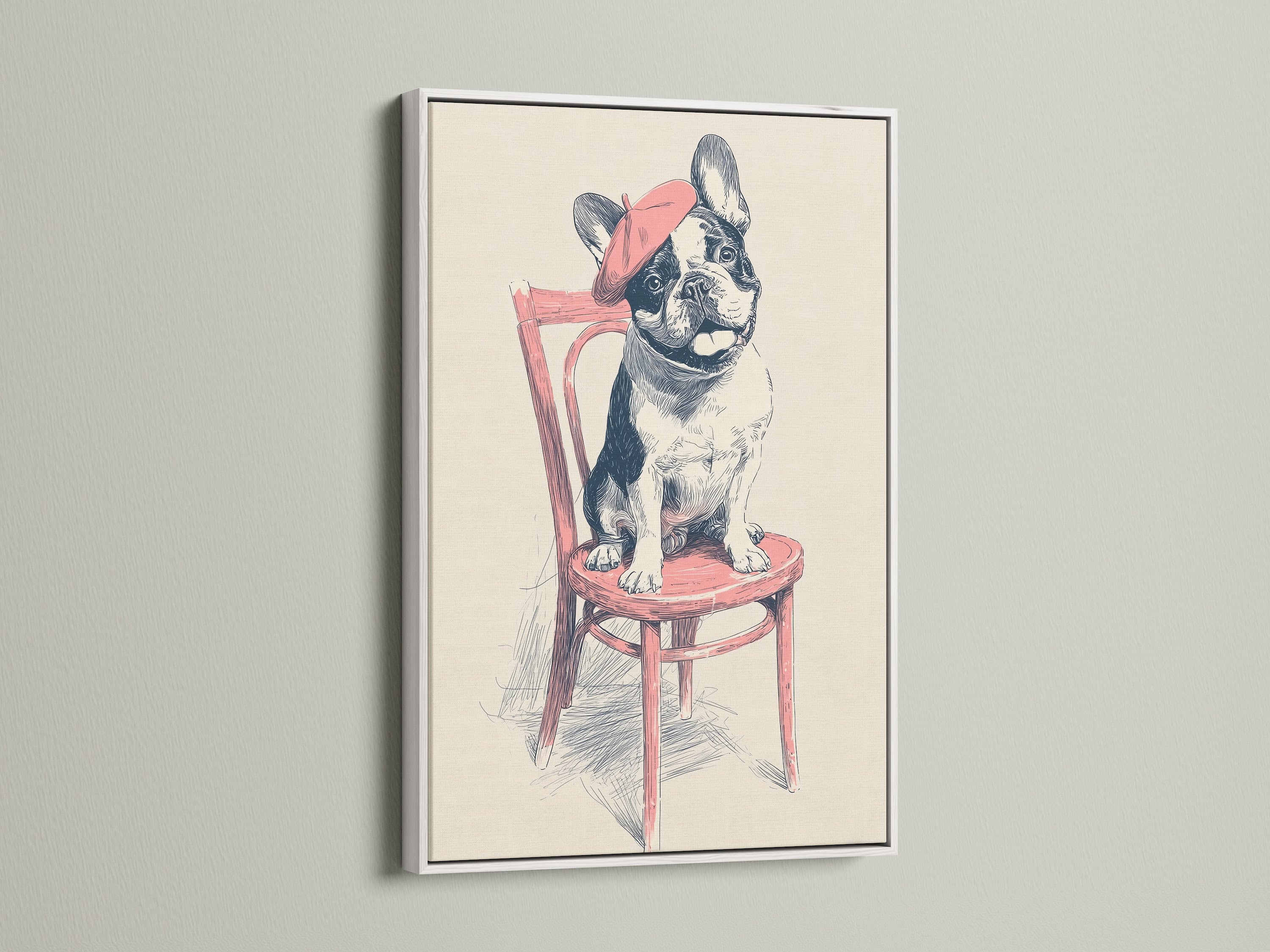French Bulldog artwork showcased in a white frame. The bright white frame pops on the wall. This canine artwork is perfect for eclectic styles. Adds a fresh touch to cafes clinics and boardrooms. A delightful dog lover gift.