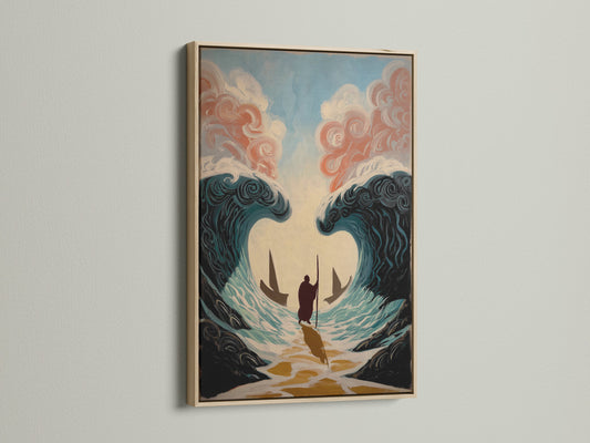 This is an oak frame. The frame enhances the artwork. The artwork is displayed on a white wall with natural light. This frame adds warmth and sophistication. Perfect for any room. Elevate your artwork with this timeless choice.