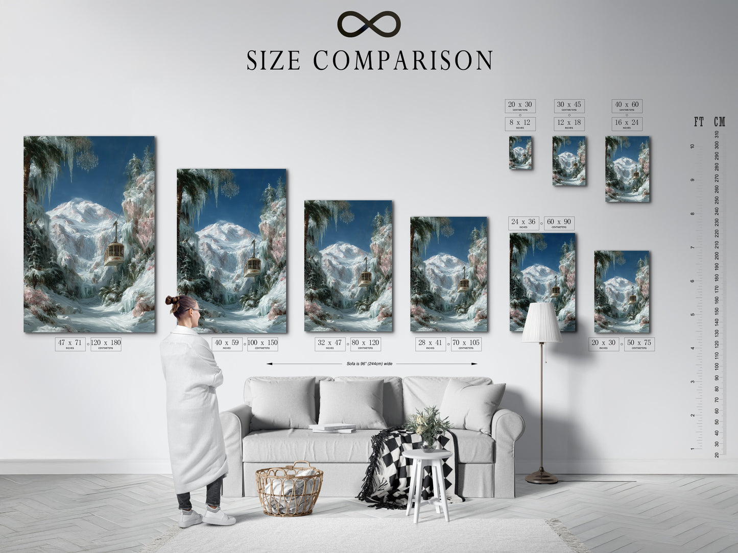 Size comparison chart of the Winter Cabin artwork in an interior setting. Visualize the artwork's impact on your wall. Available in multiple sizes to suit your space. Great for interior decorators.