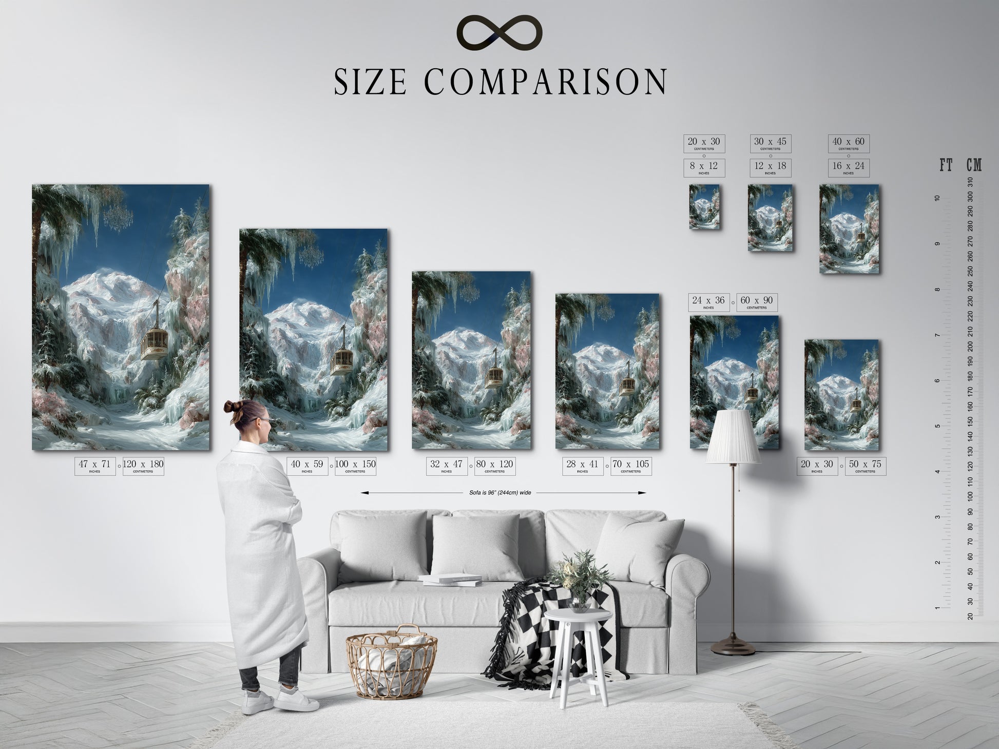 Size comparison chart of the Winter Cabin artwork in an interior setting. Visualize the artwork's impact on your wall. Available in multiple sizes to suit your space. Great for interior decorators.