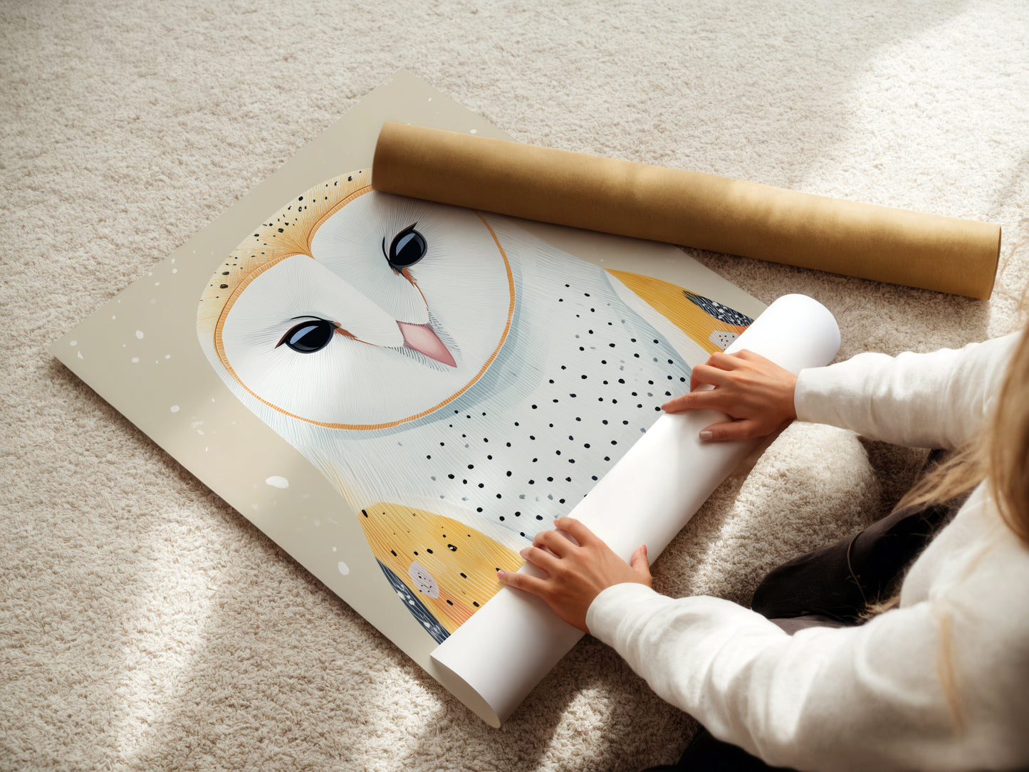 A woman is carefully rolling a fine art poster paper. The paper features owl artwork. This ensures safe delivery of the modern bird wall art. Ideal for adding a touch of scandi decor to any space or nursery.