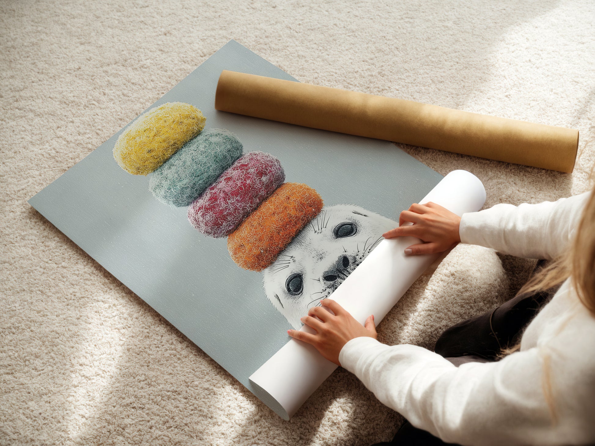 A woman is carefully rolling a fine art poster paper featuring the whimsical seal artwork. The fine art poster paper ensures high-quality reproduction. Ideal for showcasing the colorful animal art. Perfect for framing and displaying in any room. Explore our range of art prints today.
