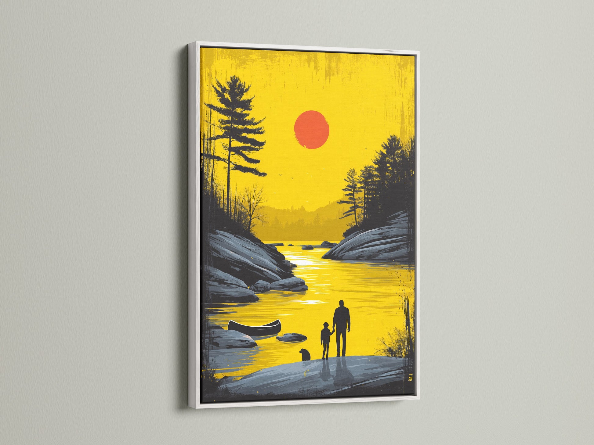 White frame displaying sunset lake artwork. This minimalist print of a father and child by the lake adds serenity to any room. The golden landscape brings warmth to your home. Complements modern Scandinavian and contemporary styles. Find this calming art for your living room bedroom or office.