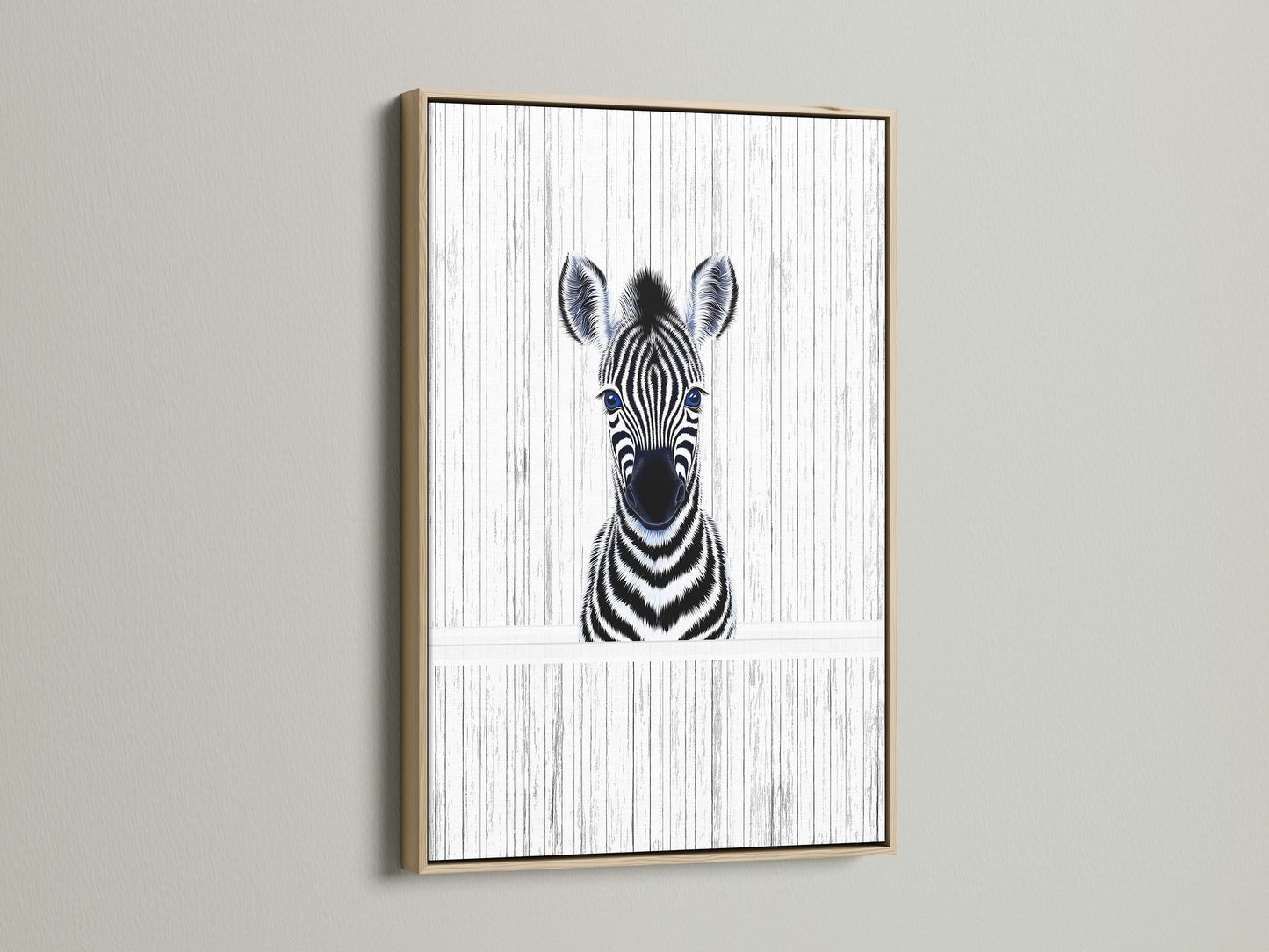 A charming Baby Zebra artwork framed in oak. This minimalist zebra wall art adds a touch of safari to any nursery or kids room. The oak frame enhances the black and white animal poster. A perfect piece of monochrome art.