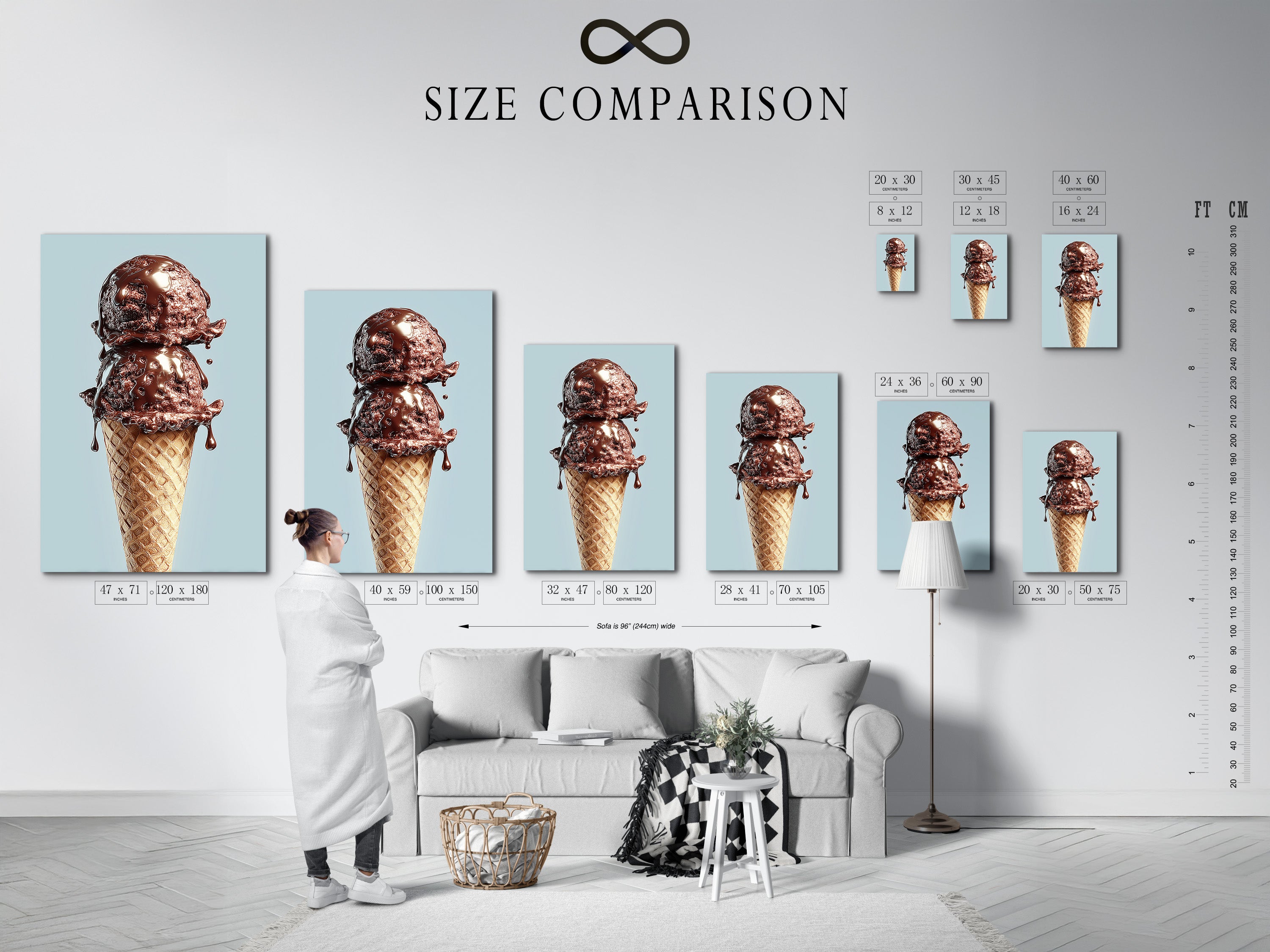 A size comparison chart is displayed in an interior setting. Visualize the perfect size for your space. This chart helps you choose the ideal dimensions for your artwork. Make an informed decision and enhance your home decor. See how different sizes look in a room.
