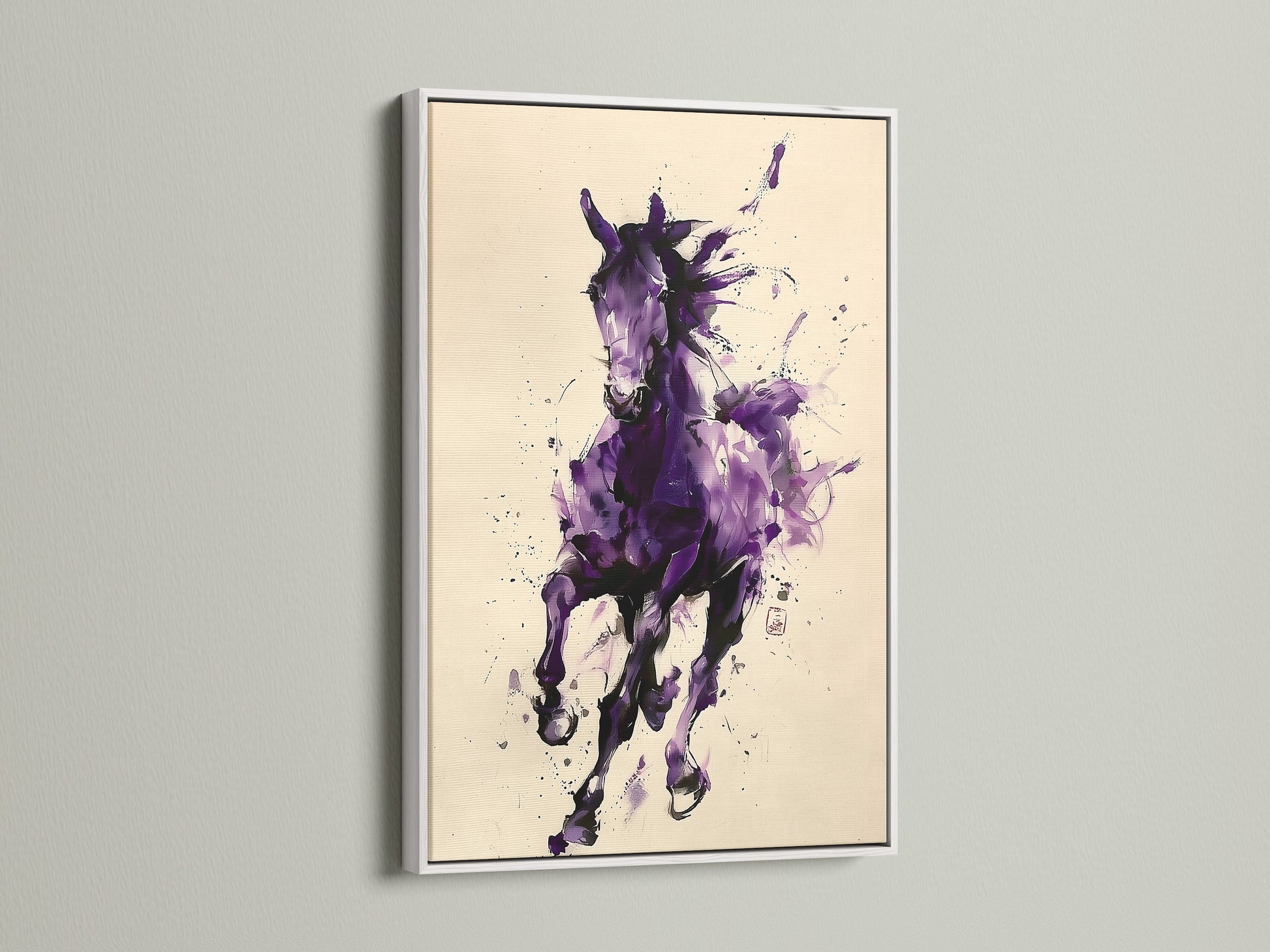 A white frame showcases a horse art print. Its clean lines offer a modern touch. This frame allows the artwork to stand out. A white frame is a versatile option.