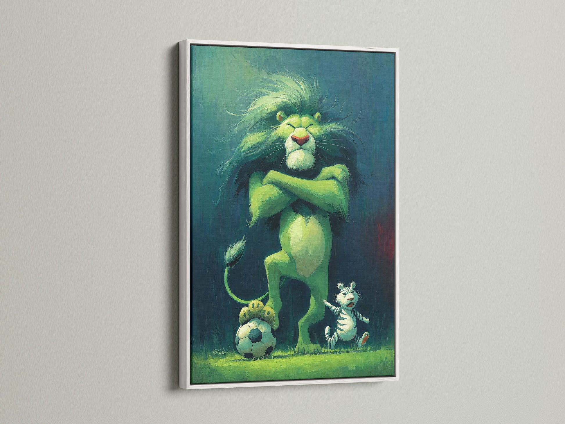 A white frame showcases the Lion King Simba artwork. It offers a clean and modern look for nursery or kids room decor. The white frame provides a fresh backdrop. It allows the artwork's colors to stand out beautifully.