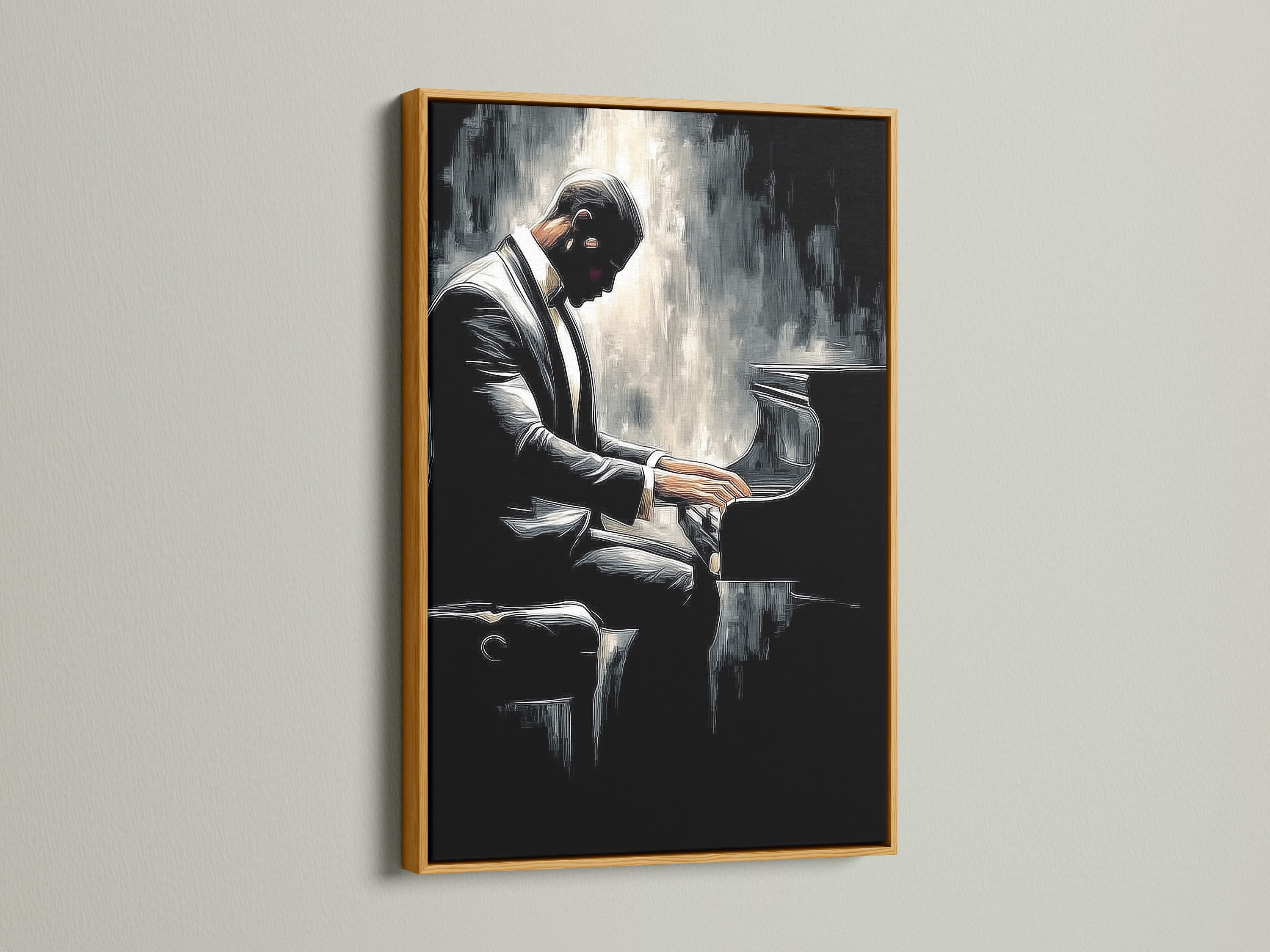 A framed piano player artwork is displayed. The frame is gold. The artwork enhances studios lobbies and cafes. This piano art print is a great gift for music lovers. The elegant design fits coastal and rustic styles. It is also suitable for eclectic styles.