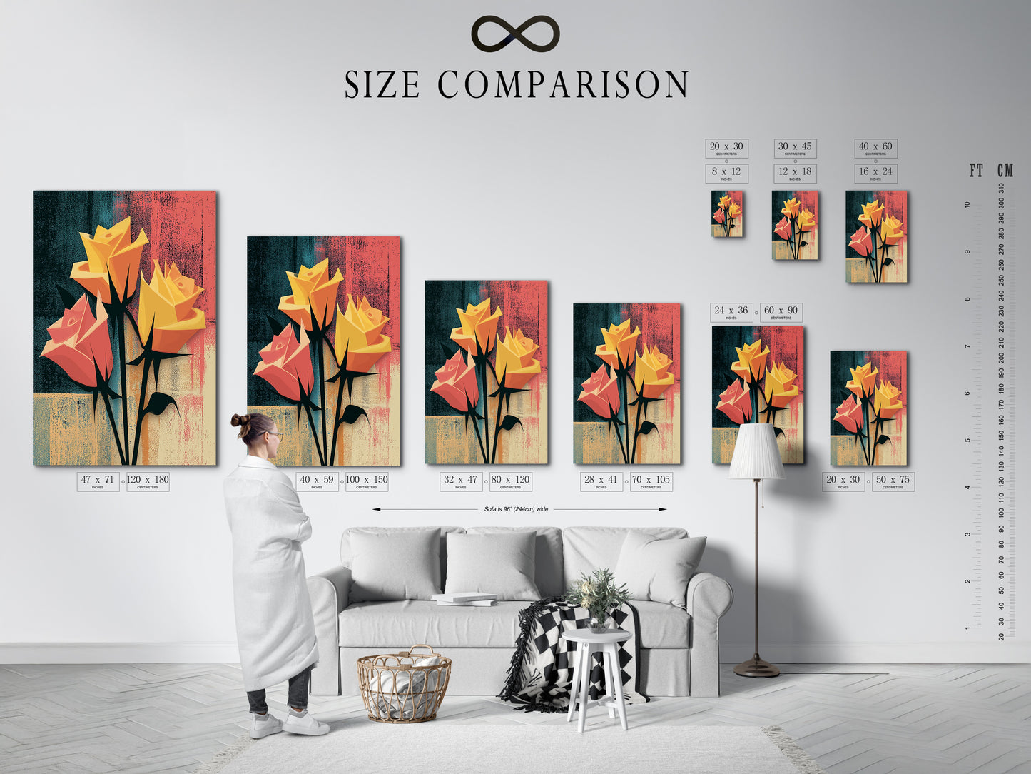 A size comparison chart is displayed in an interior setting. It helps visualize the floral rose artwork. The abstract botanical print can be chosen in various sizes. Select the perfect fit for your space.