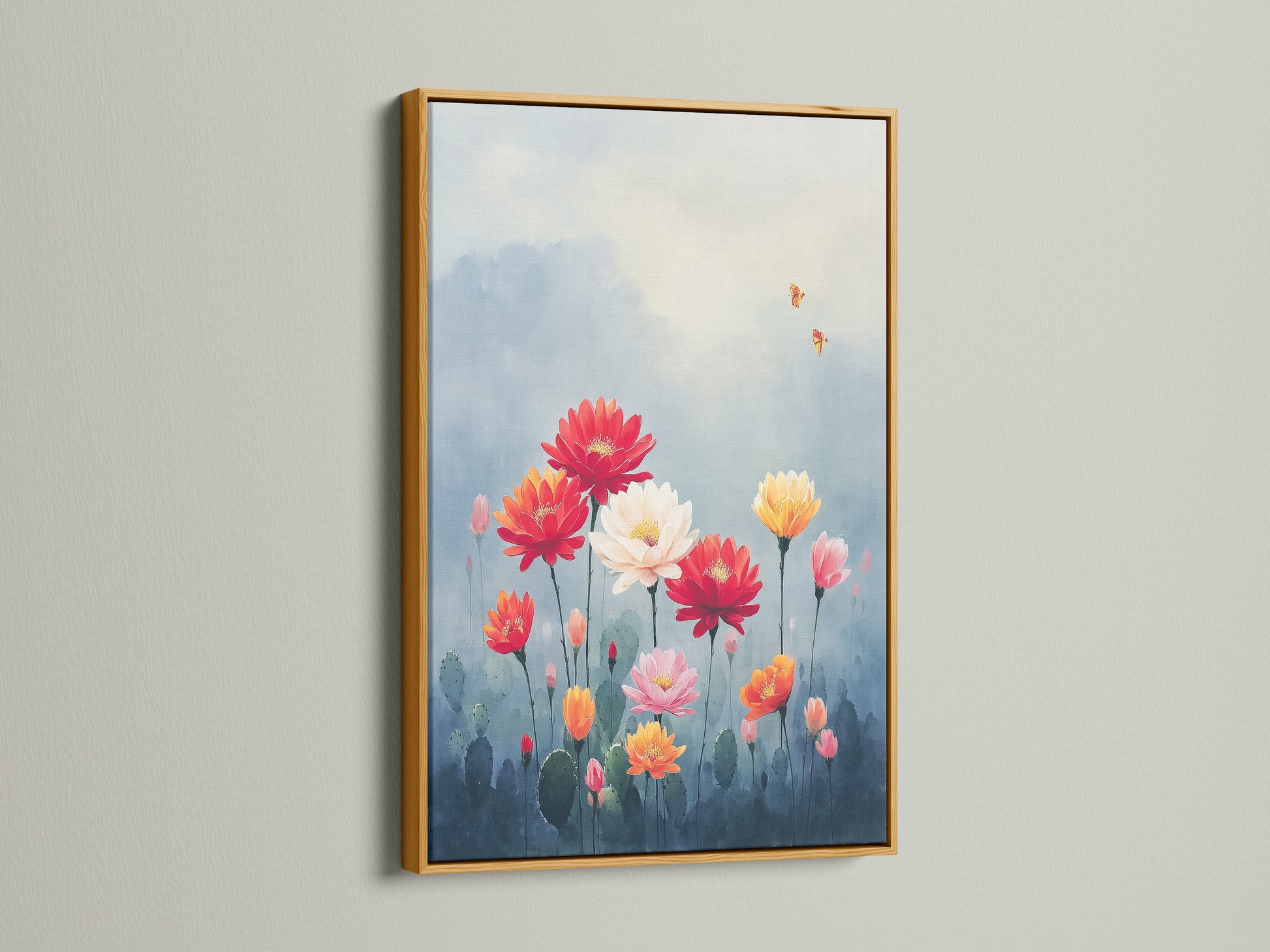 A gold frame highlights this floral canvas print. The botanical artwork brings elegance to your home decor. The desert flower art captures the essence of the southwest. Enhance your space with this eye-catching flower artwork.