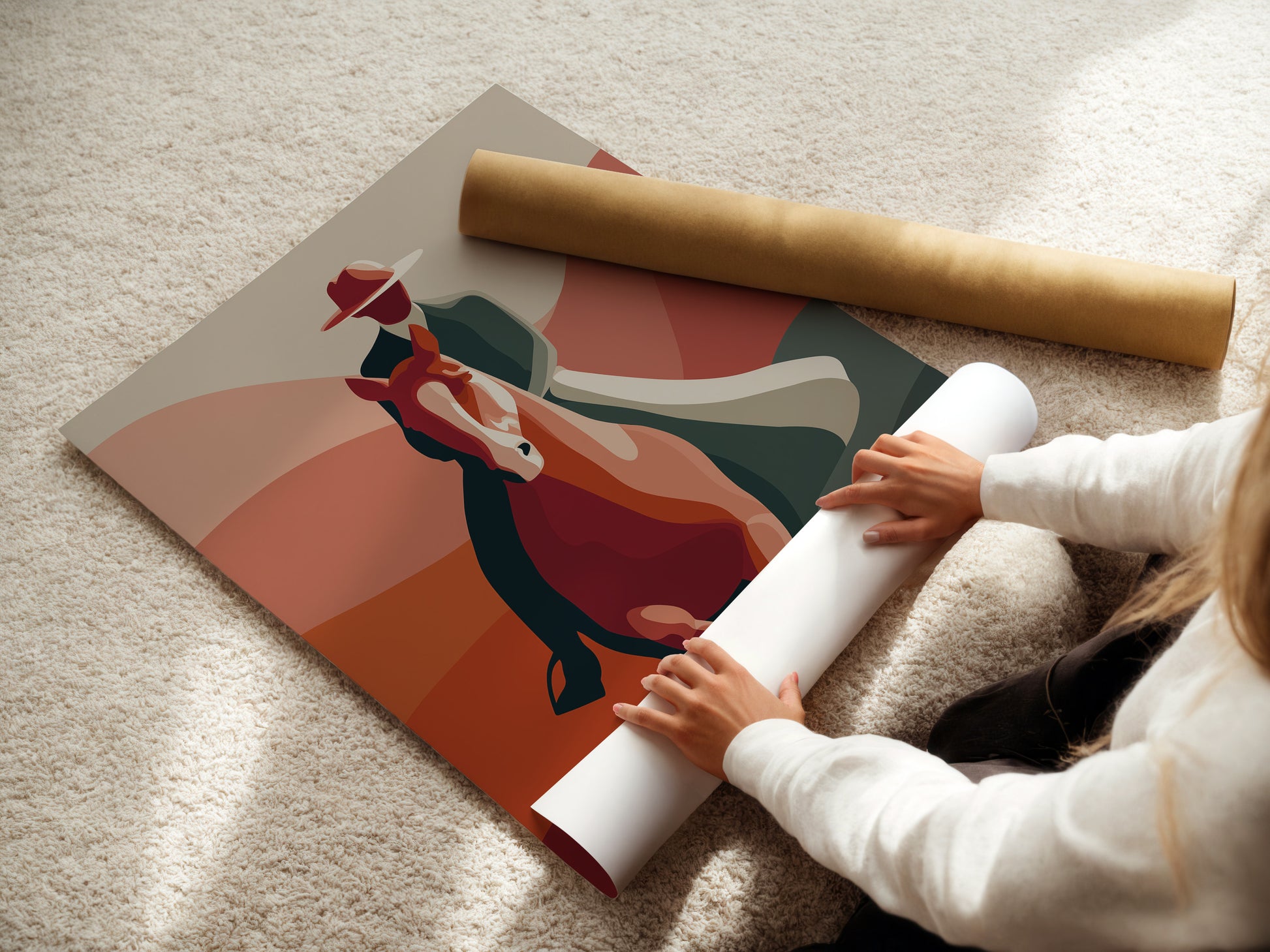 A woman is carefully rolling fine art poster paper. The fine art poster paper is high quality.  It's perfect for professional prints. Preserve your artwork with the right paper. Discover the texture of fine art paper. We offer various paper options