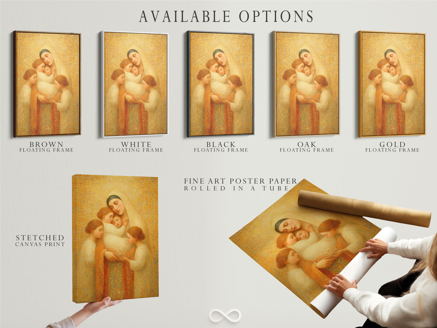Available options are displayed. Choose from stretched canvas prints. Fine art poster paper is also an option. Consider a floating frame. Select the perfect option to display your artwork. Add art.