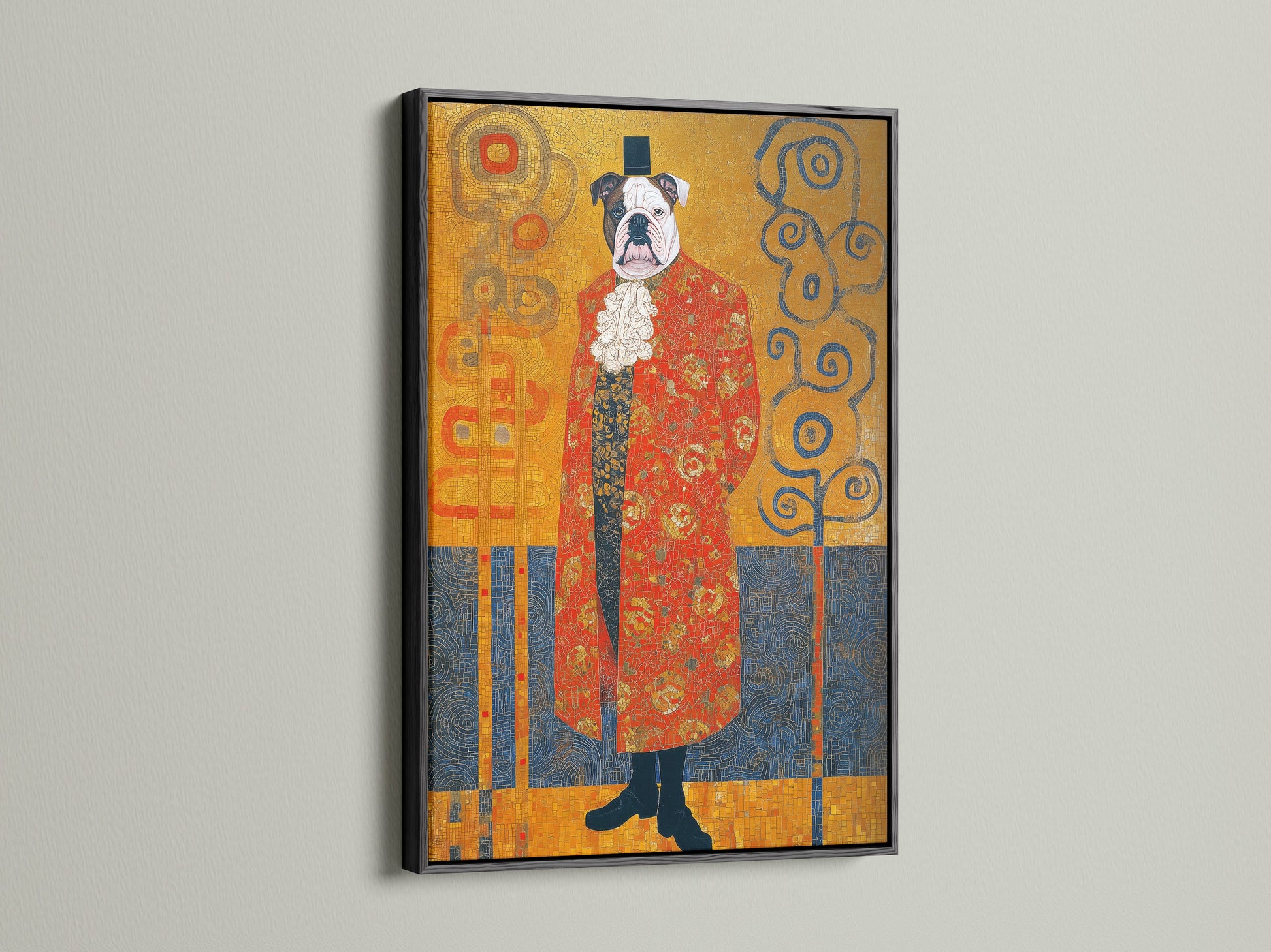 View the Victorian Bulldog art print in a sleek black frame. This Klimt style dog portrait makes a bold statement. It brings ornate animal art to your space. This is ideal for a modern study room. The black frame accentuates this aristocratic art. It offers sophisticated wall decor.