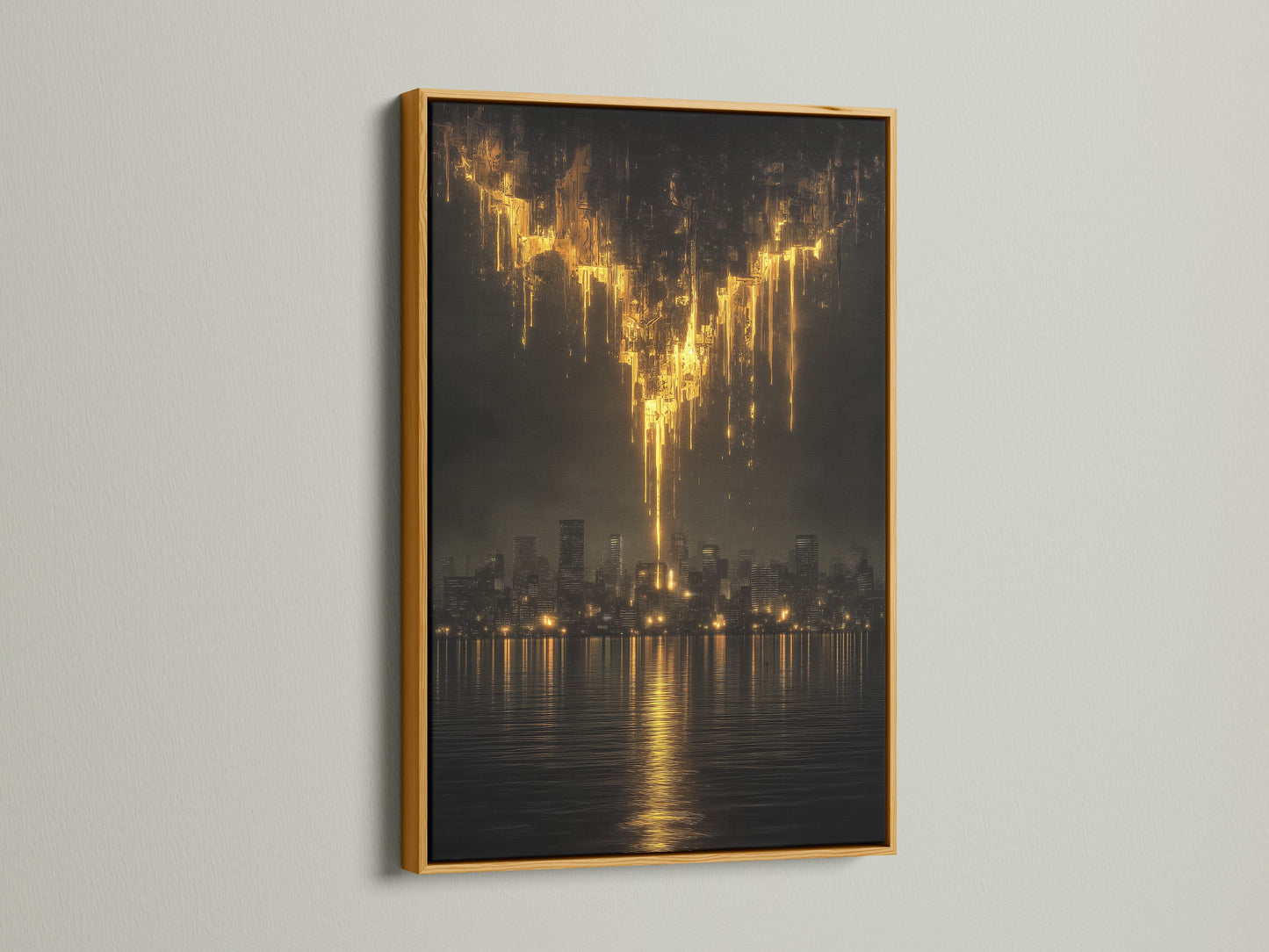 The golden city skyline artwork is presented in a gold frame. This golden wall decor enhances the artwork's richness. Perfect for modern office art and urban canvas prints. The abstract skyline and moody cityscape create a luxurious feel. Elevate your space with this contemporary art.