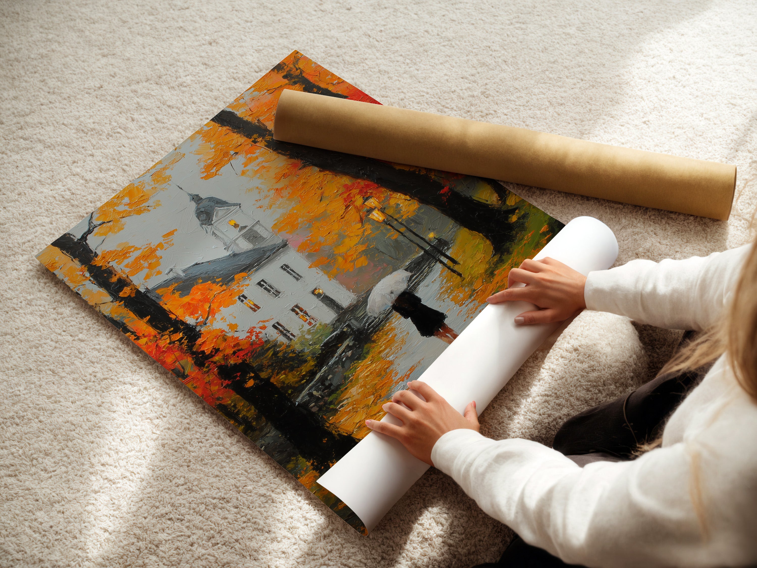 A woman is carefully rolling a fine art poster paper. She handles the paper with care. Ensuring it remains pristine. High-quality poster paper ready for framing. Perfect for preserving your favorite art. A delicate process for art lovers.