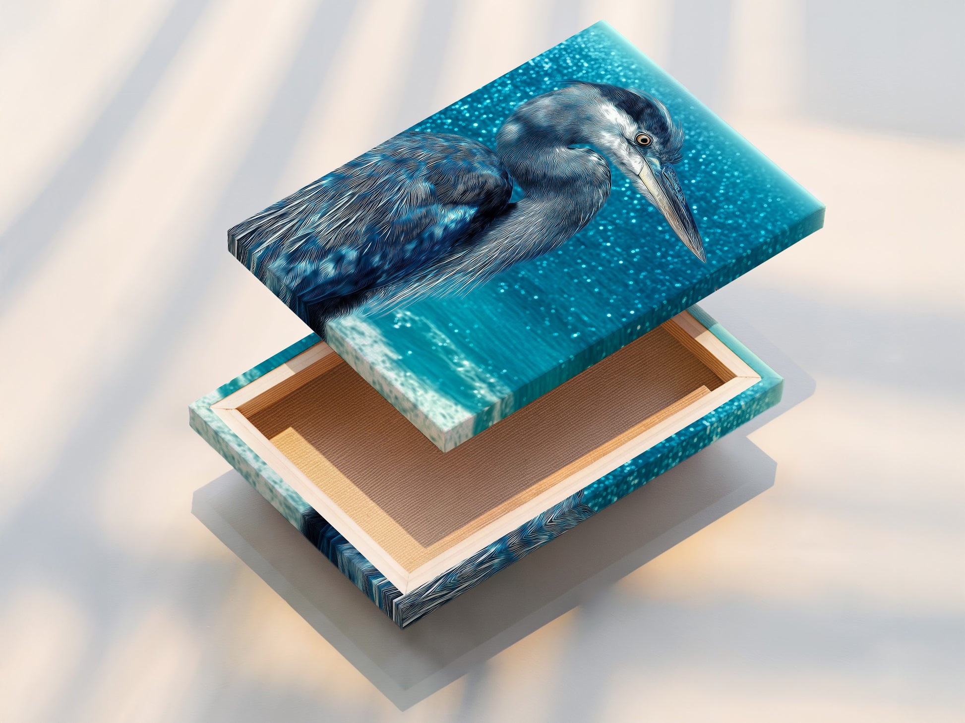 This is a stretched canvas print of heron artwork. The canvas texture enhances the teal blue bird wall art. This piece is ready to hang and enjoy. Ideal for adding a touch of nature to your home or office.