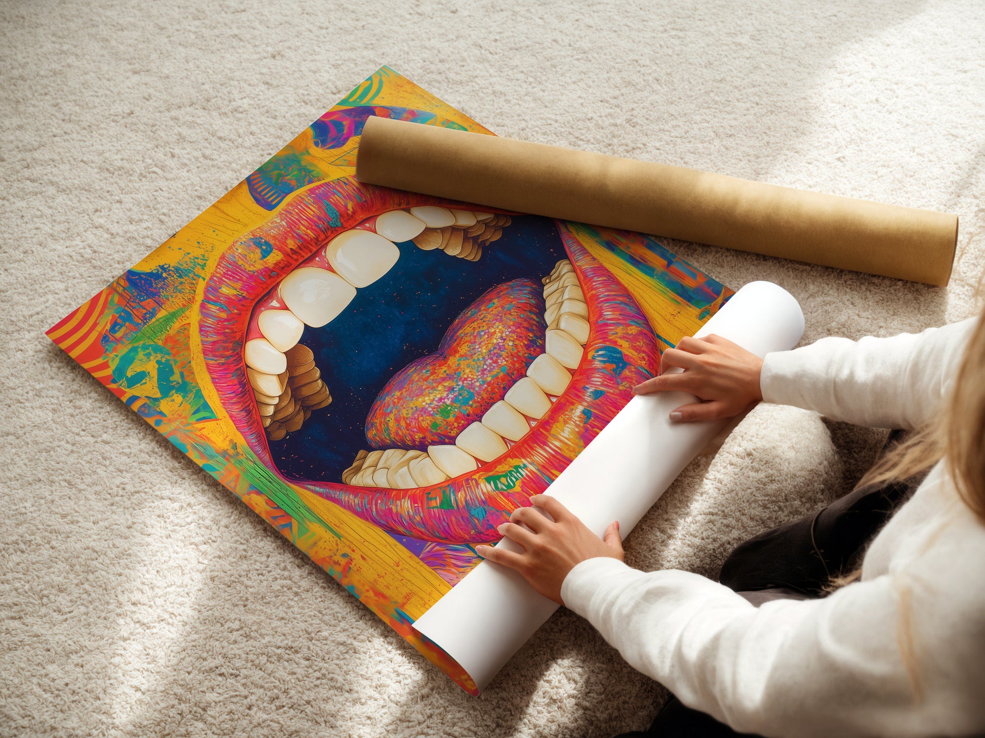 A woman is carefully rolling a fine art poster paper of psychedelic mouth artwork. This poster is a great option for renters. The rainbow wall art will elevate any room. Get this trippy art print for your home today.