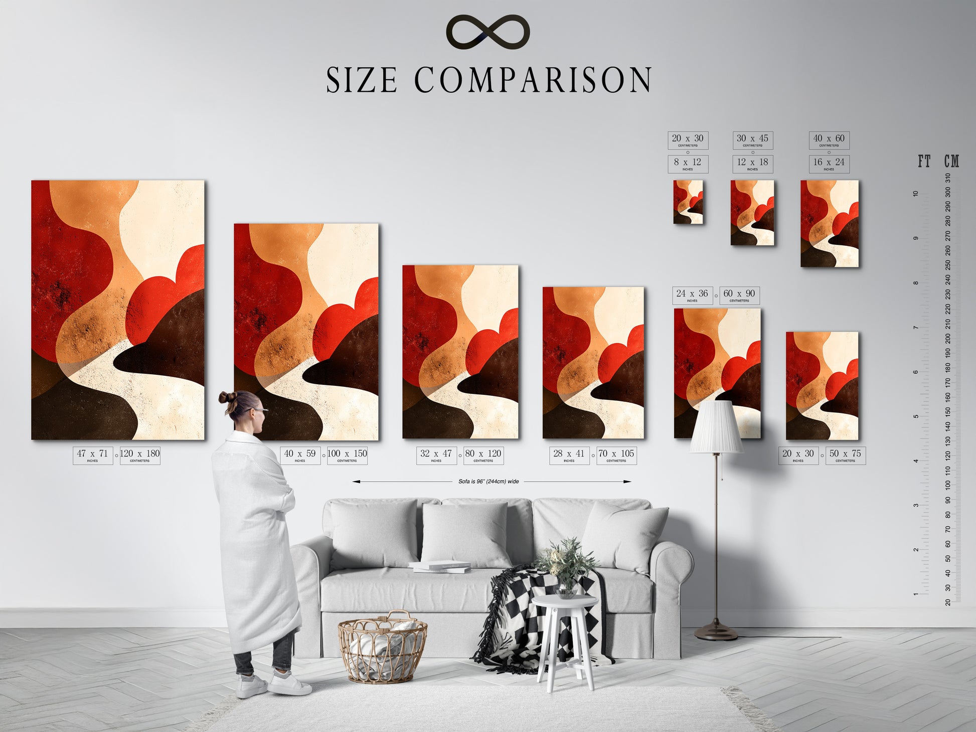 Size comparison chart displayed in an interior setting. Explore available sizes. Visualize the perfect fit for your space. This chart helps you choose confidently. It ensures your artwork complements your decor. Select the ideal size for your home or office.
