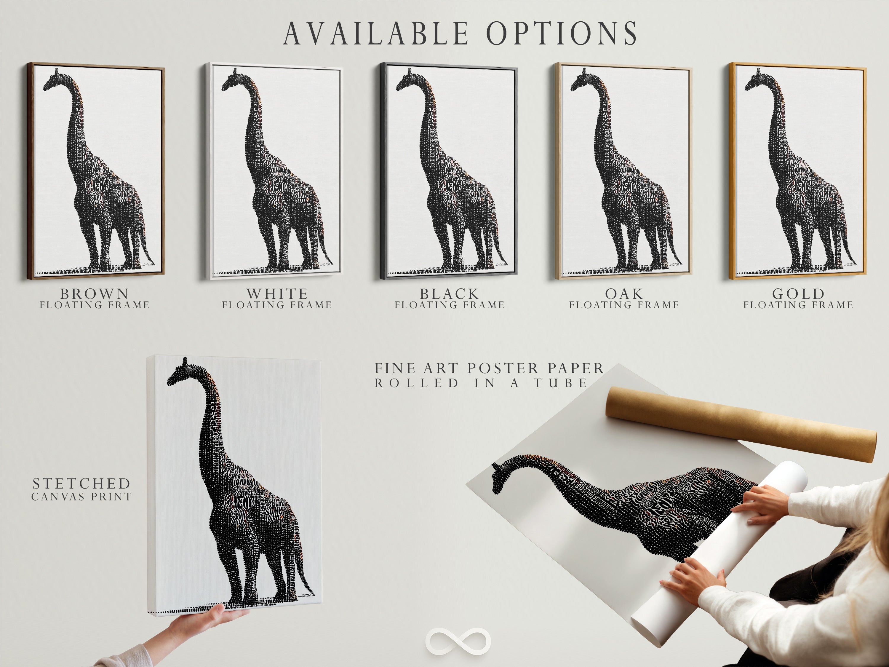 Available options are showcased including a stretched canvas print. Also a fine art poster paper and a floating frame. The dinosaur typography artwork offers versatile choices. Decorate a modern kids room with a Brontosaurus word art canvas. Find the perfect wall decor for your nursery or playroom.