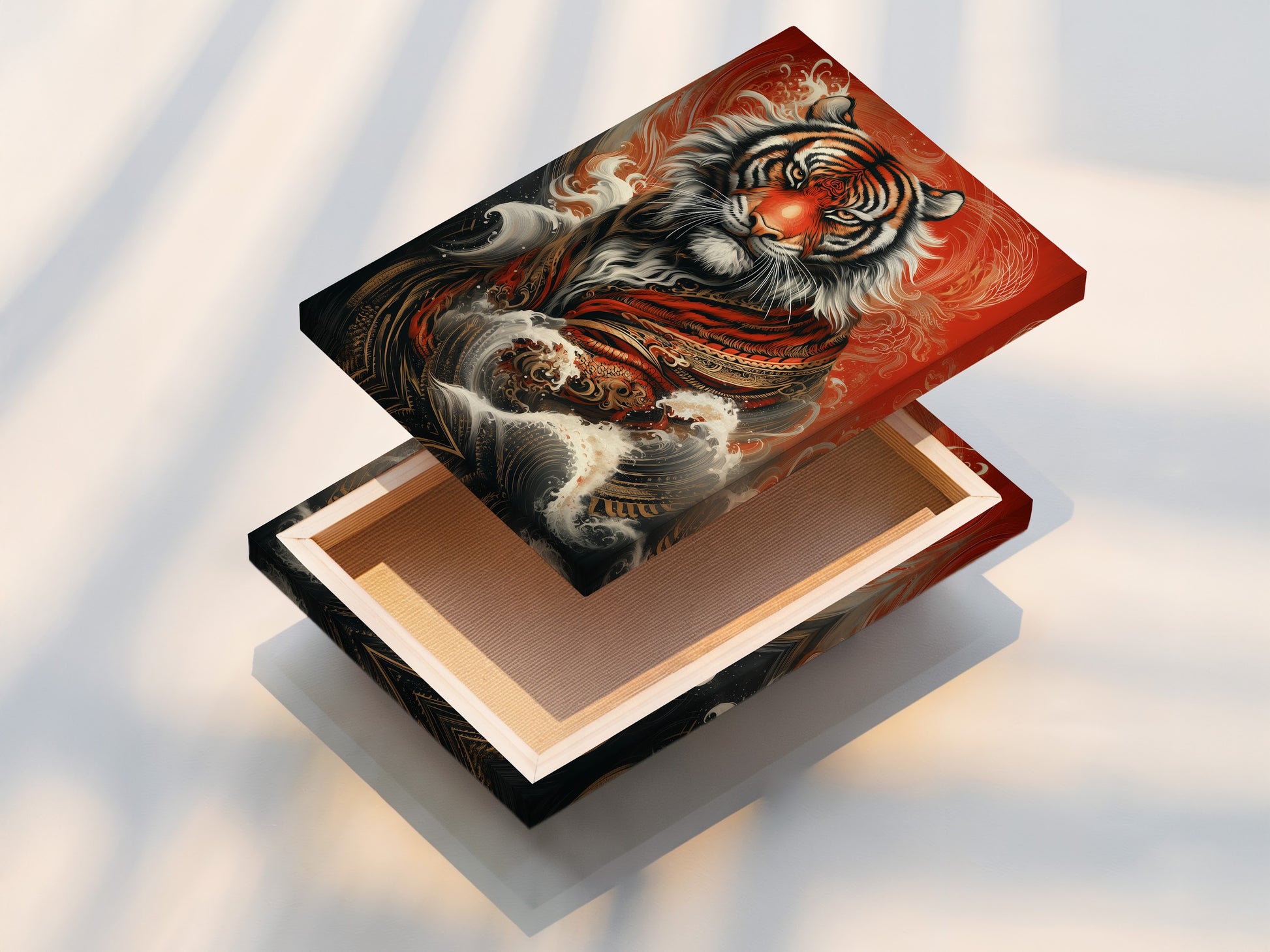 This stretched canvas print features a vibrant tiger. The Asian inspired artwork is ready to hang. The Japanese style art brings a touch of elegance. Perfect for living rooms bedrooms and offices. This red and gold animal artwork enhances any wall decor.