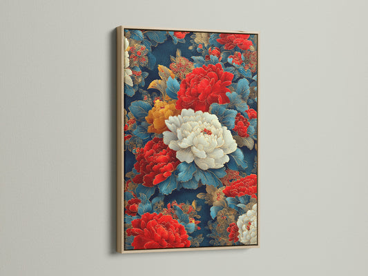 Vintage Peony Canvas Print - Asian Floral Wall Art, Traditional Botanical Art for Living Room Decor
