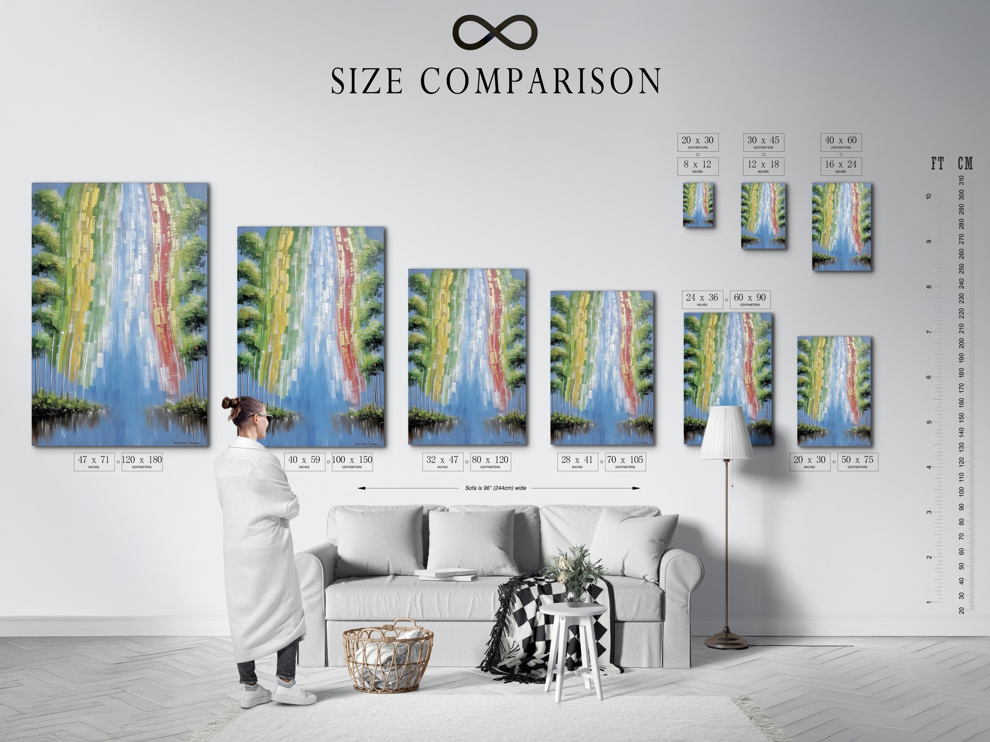 Size comparison chart in an interior setting. See how different sizes of abstract artwork fit. Visualize the river print in your space. This nature wall art complements any room. Find the perfect size for your canvas art needs.