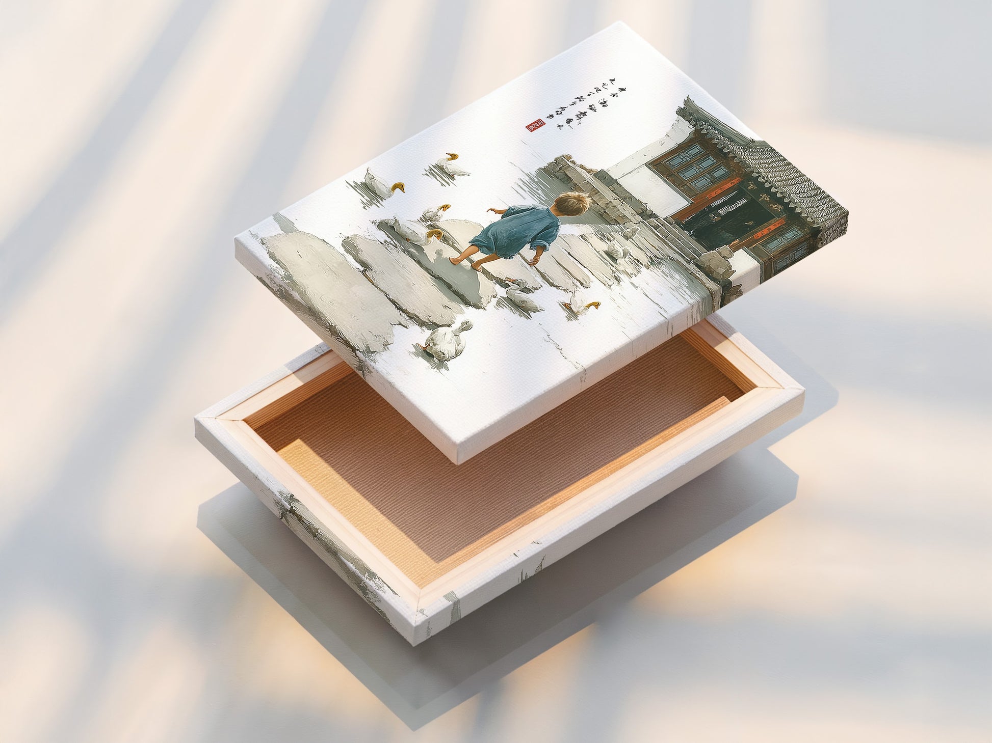 This stretched canvas print presents a vibrant artwork. The art depicts a child walking among ducks on stepping stones. The canvas is stretched perfectly for a gallery-ready look. Stretched canvas prints offer a durable and elegant display. Transform your space with stunning canvas art.