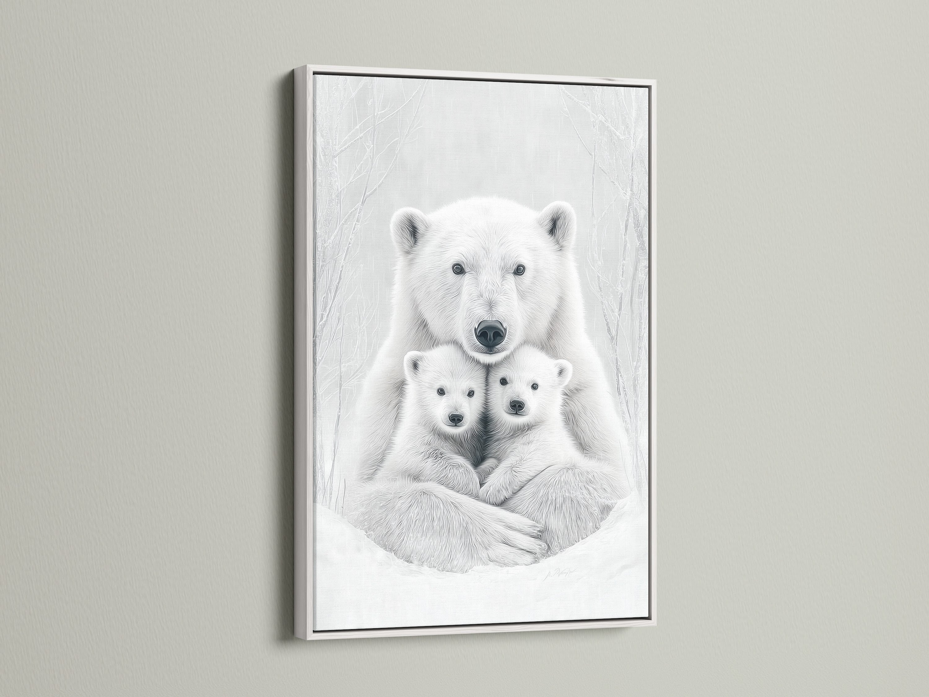 A white frame complements this polar bear artwork. The monochrome animal canvas creates a clean contemporary look. This wildlife wall art is a great addition to baby room decor and nature wall art.