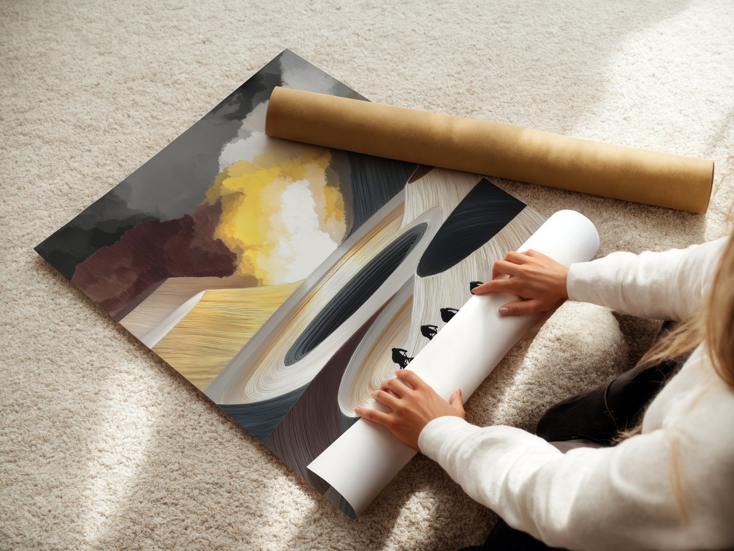 Woman carefully rolling a fine art poster paper print of cyclists art. This abstract artwork is perfect for modern homes. Add neutral wall art to your office decor. A great biking gift.