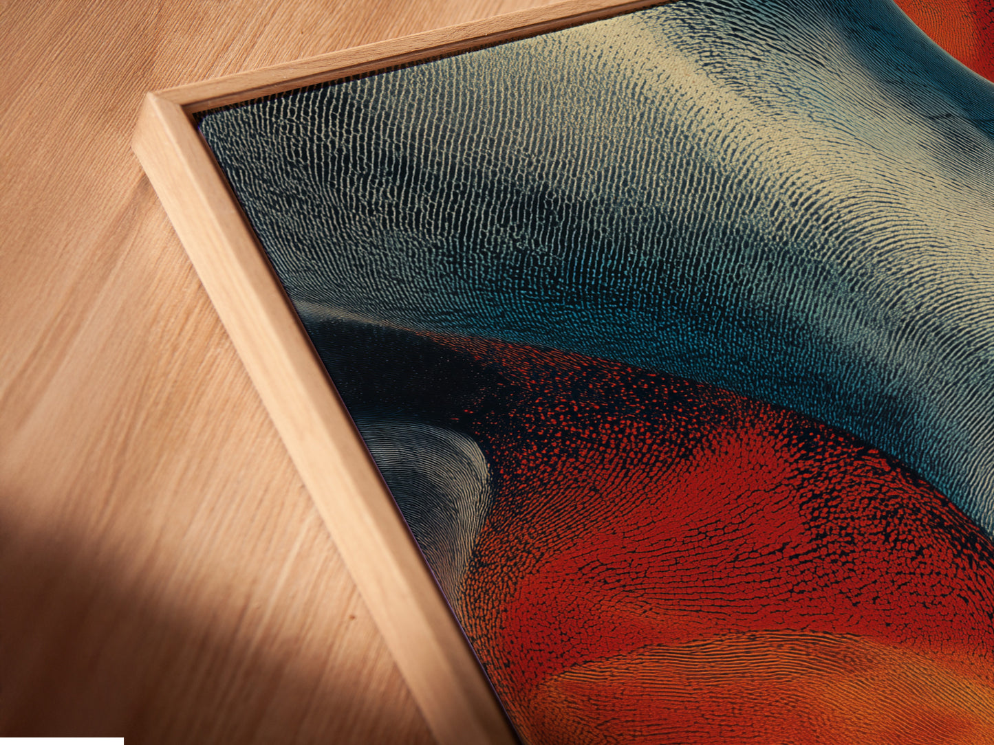 A close-up angled view of a canvas print in a floating frame. The artwork showcases vibrant colors and intricate details. The floating frame enhances the depth and dimension of the piece. It is a modern and stylish way to display art.