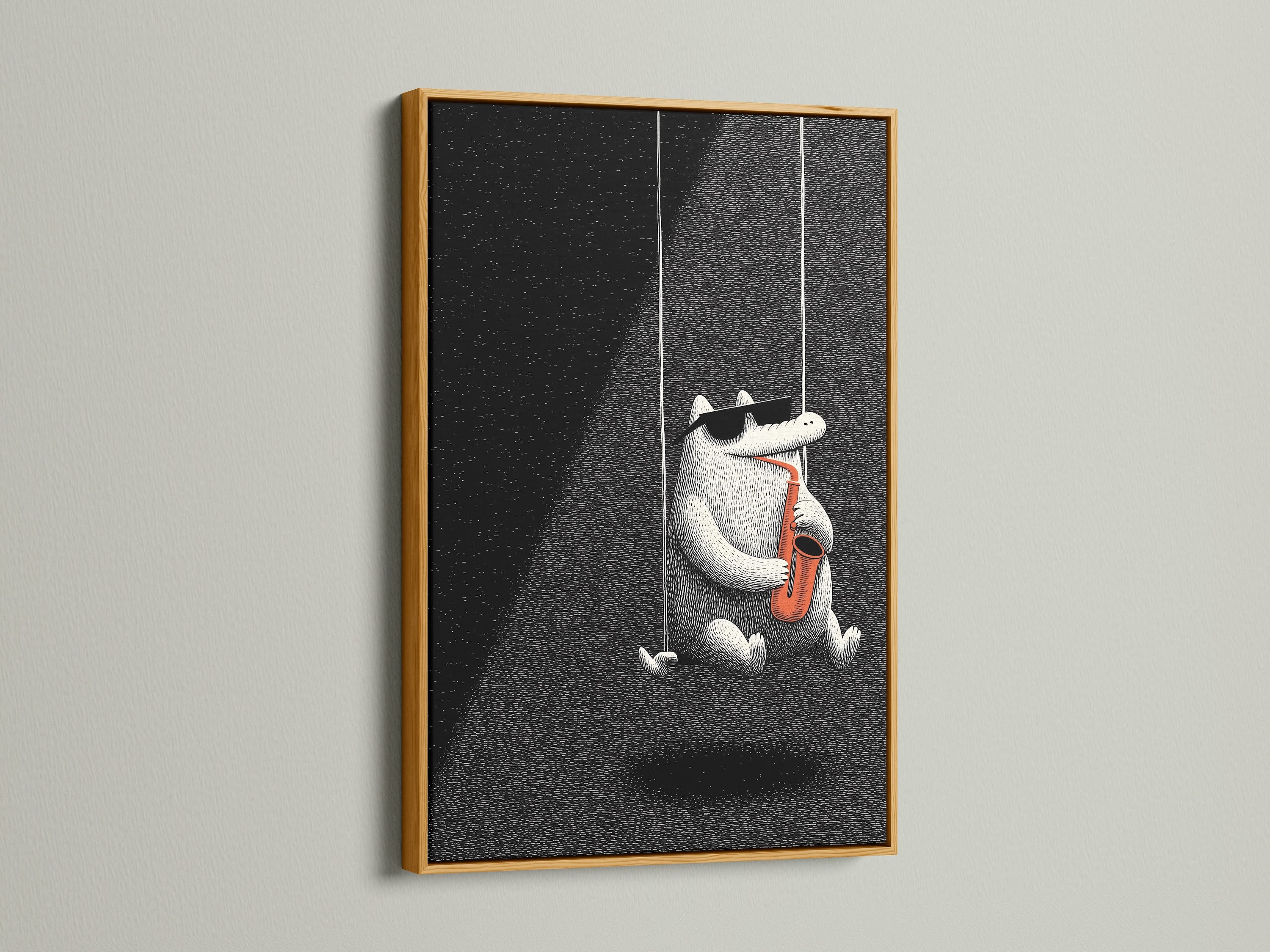 A framed artwork featuring a cartoon alligator playing a saxophone. The frame is gold. This artwork is displayed on a white wall. A gold frame adds a luxurious touch. Elevate your art with our frame options.