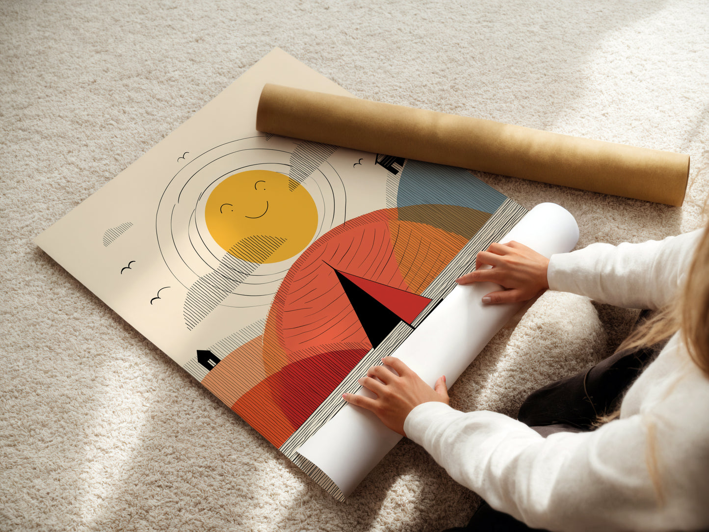 Woman Rolling Fine Art Poster Paper. A woman carefully rolls a fine art poster paper. This ensures protection during shipping. The paper is high-quality for vibrant prints. The poster paper is perfect for any space.