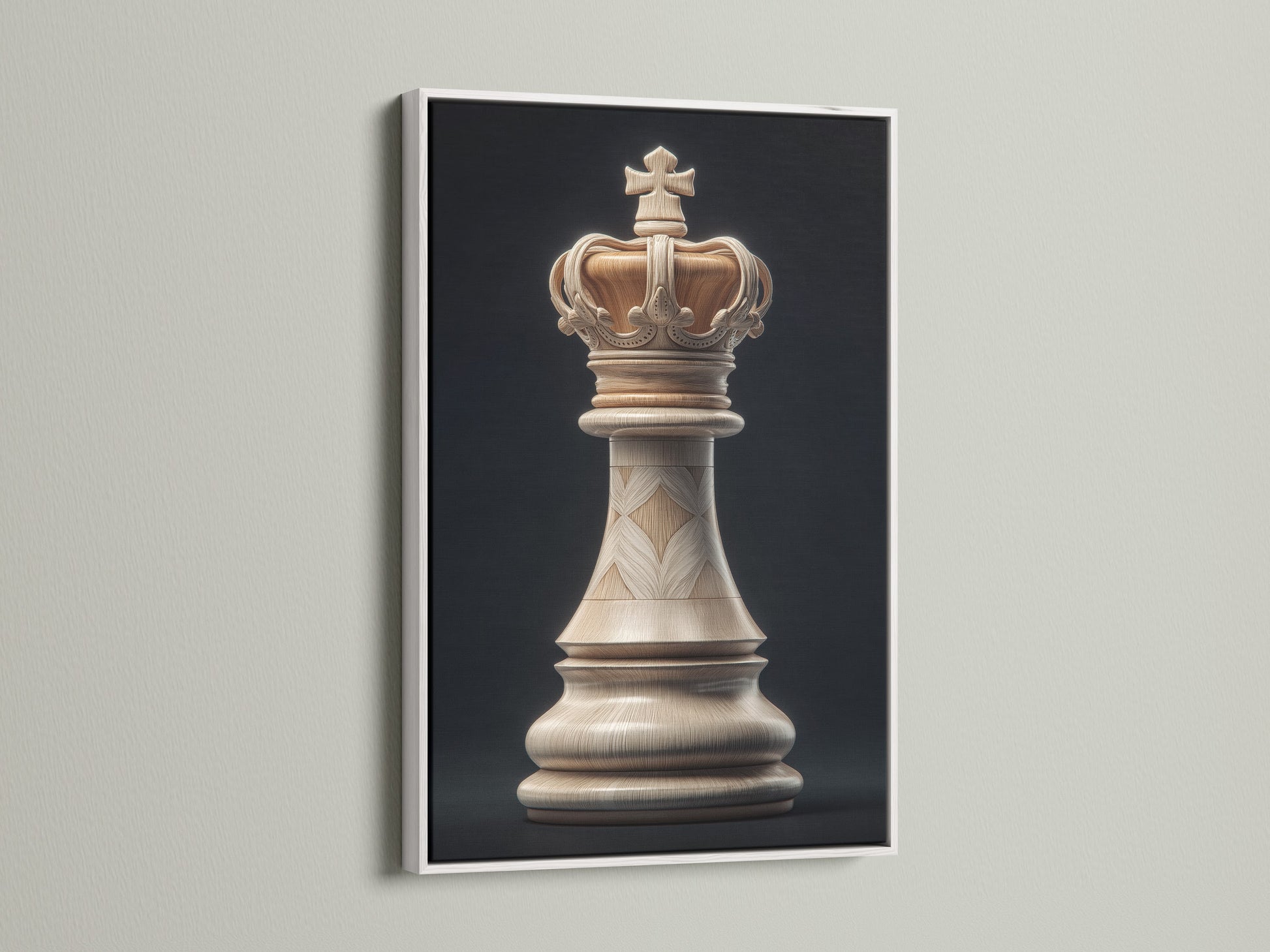 This artwork is presented in a white frame. The artwork features a chess king piece. The white frame provides a clean and modern aesthetic. It allows the artwork to stand out creating a focal point in the room.