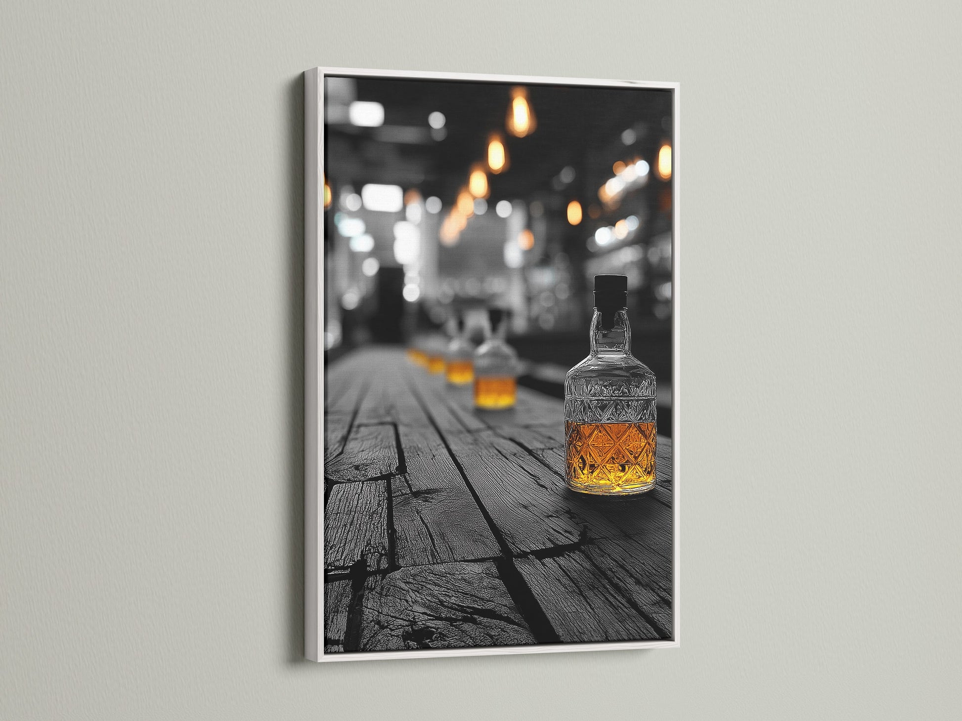 Whiskey bar art showcased in a white frame. A stylish addition to any home or business. This bourbon glass wall art enhances industrial and farmhouse aesthetics. Perfect for pub wall decor and home office wall decor. Elevate your space with our vintage bar artwork.