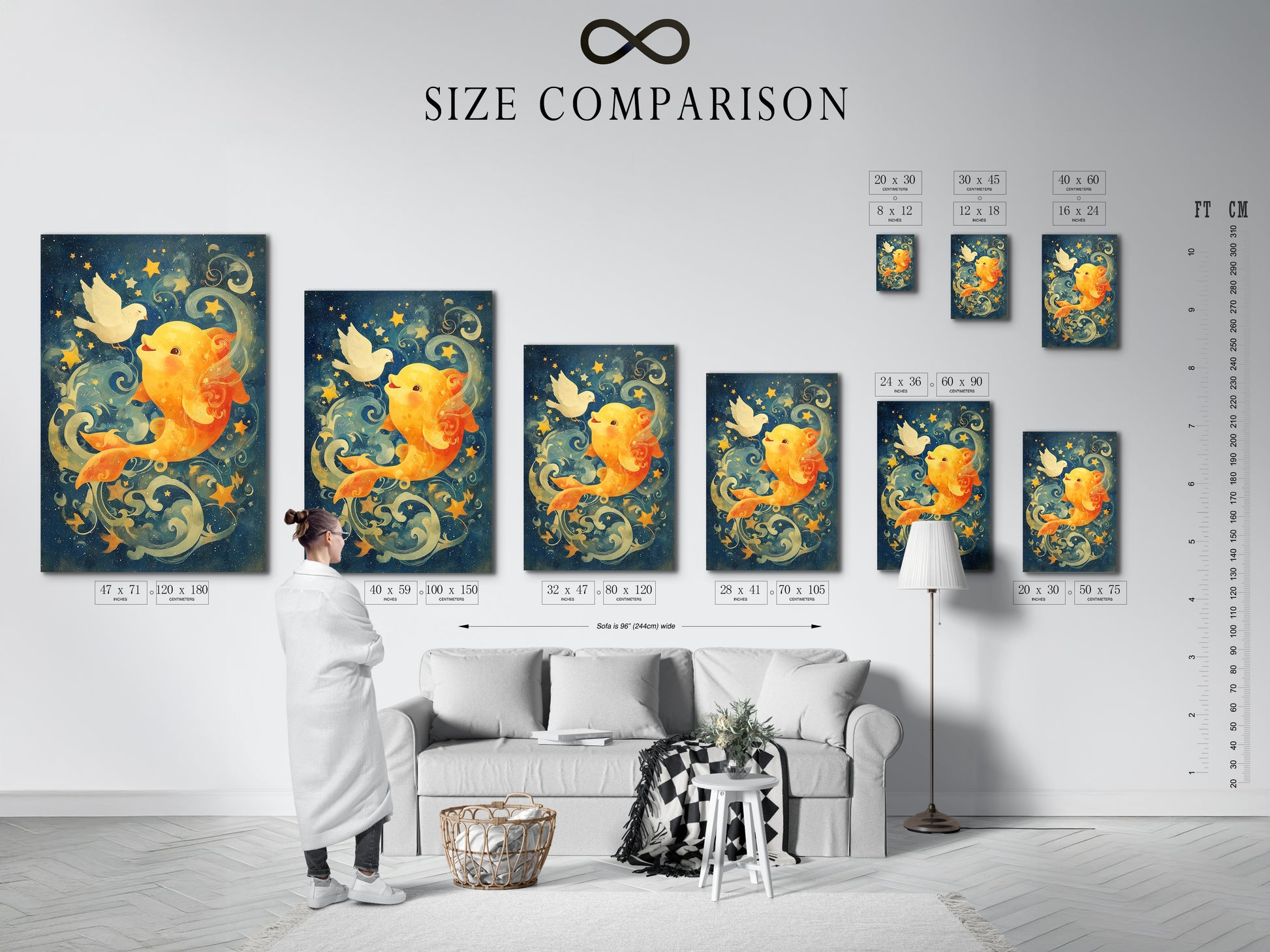 A size comparison chart is displayed in an interior setting showing various sizes of the Celestial Goldfish artwork. This nautical wall art is perfect for a kids room. Choose the ideal size to fit your space and bring a whimsical marine touch. The chart helps visualize how the artwork will look in your home.