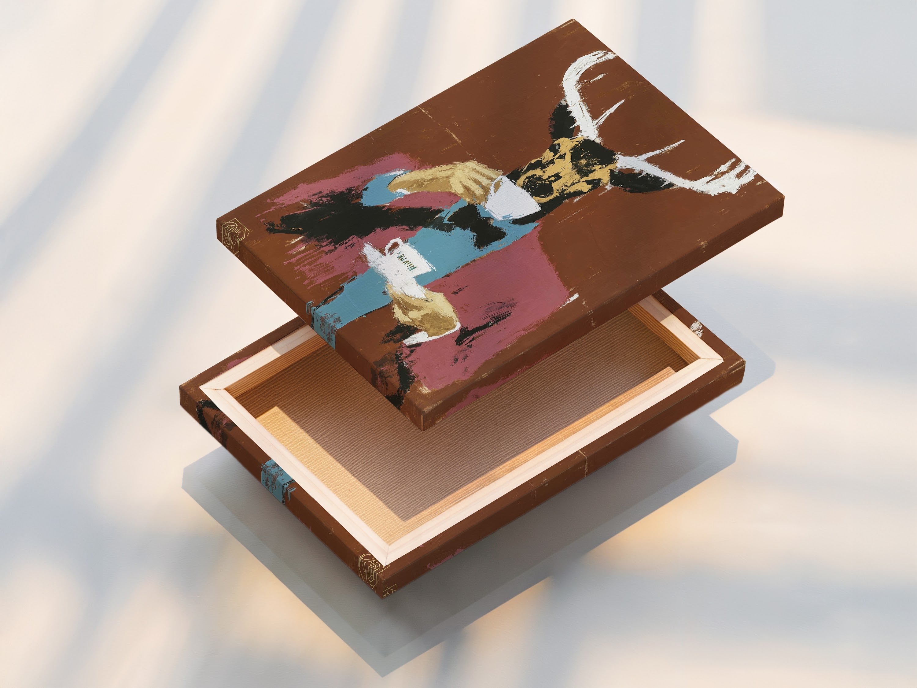 Stretched canvas print featuring the Deer Gentleman. This animal portrait art is a must-have. It will add a touch of sophistication to any room. Perfect for modern wall art enthusiasts. Elevate your home decor with this unique piece. Explore our collection of quirky wall decor and folk art prints today.